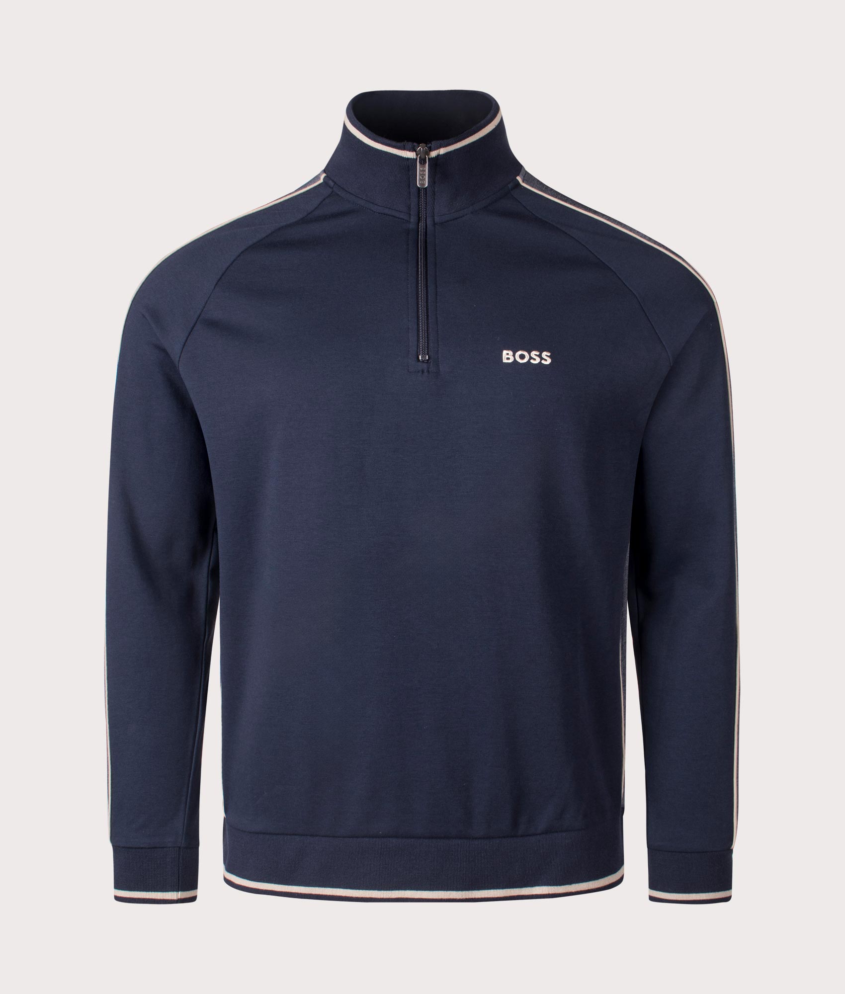 BOSS Tracksuit Quarter Zip Sweatshirt in Dark Blue at EQVVS. Front Shot.