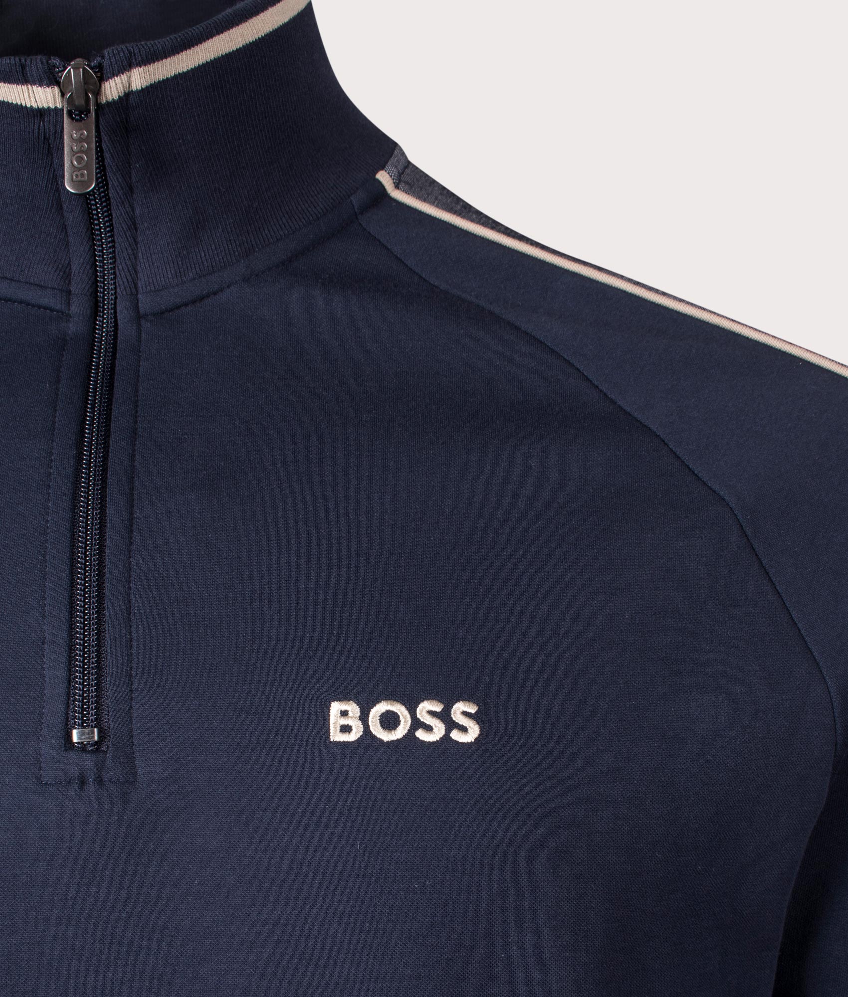 BOSS Tracksuit Quarter Zip Sweatshirt in Dark Blue at EQVVS. Detail Shot.