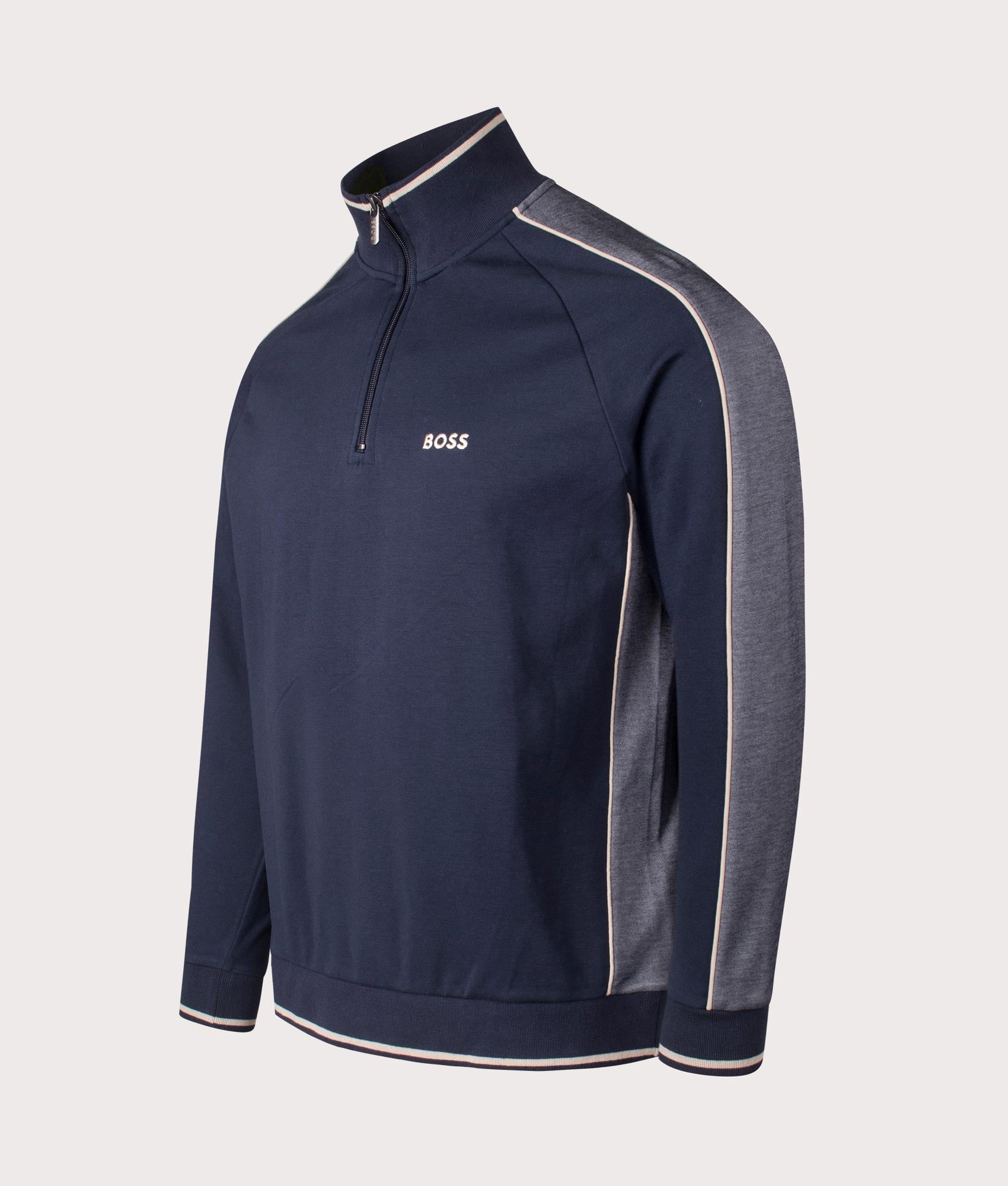 BOSS Tracksuit Quarter Zip Sweatshirt in Dark Blue at EQVVS. Angle Shot.