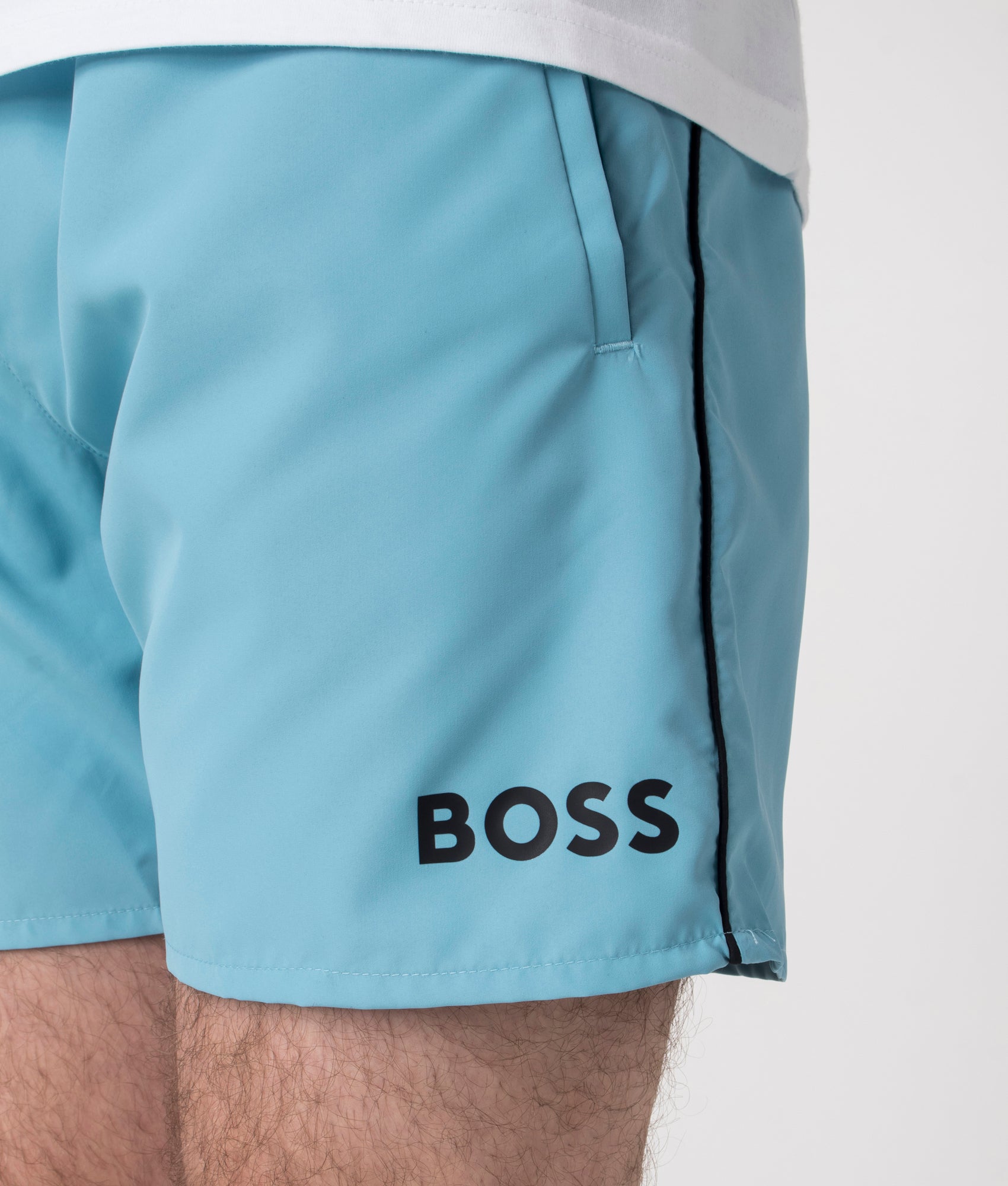 BOSS Starfish Swim Shorts in Light/Pastel blue at EQVVS. Detail Shot.