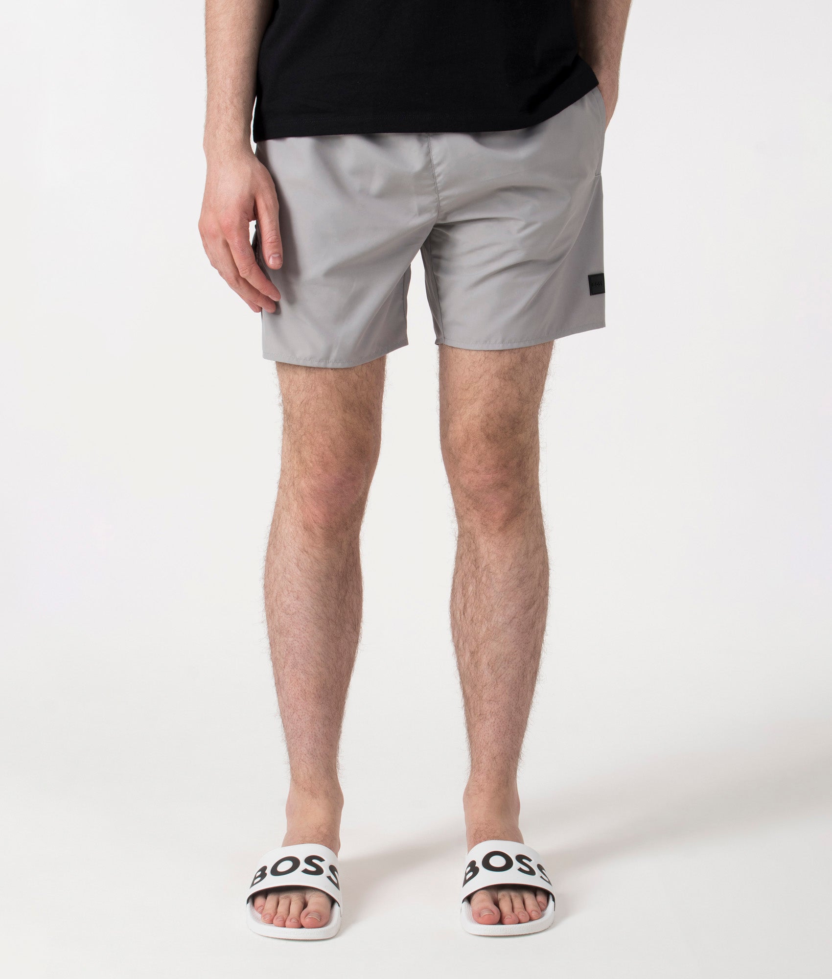 BOSS Dive Swim Shorts in Medium Grey at EQVVS. Front Shot.