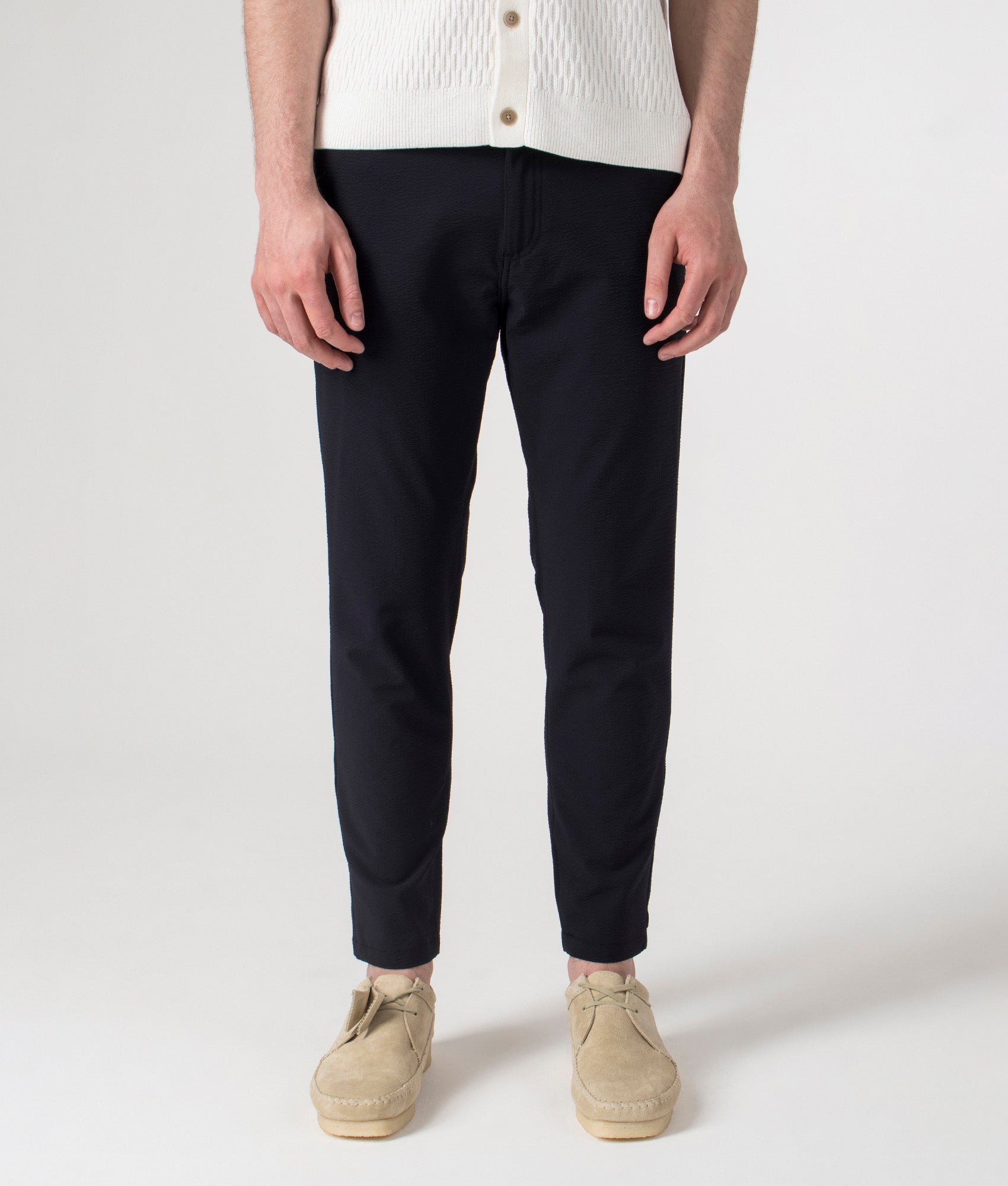 BOSS Regular Tapered Draw String Pant in Dark Blue at EQVVS. Front Shot.
