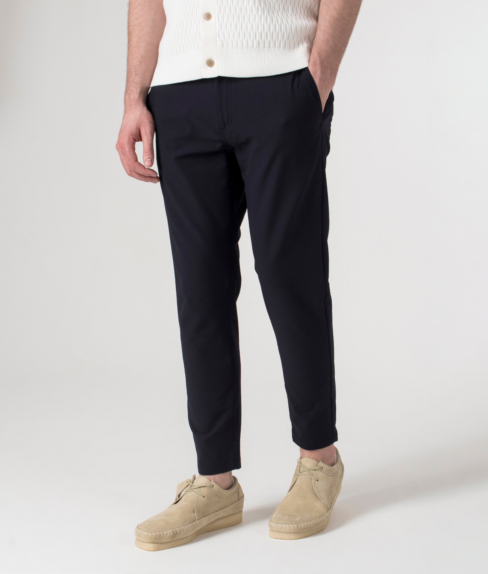 BOSS Regular Tapered Draw String Pant in Dark Blue at EQVVS. Angle Shot.