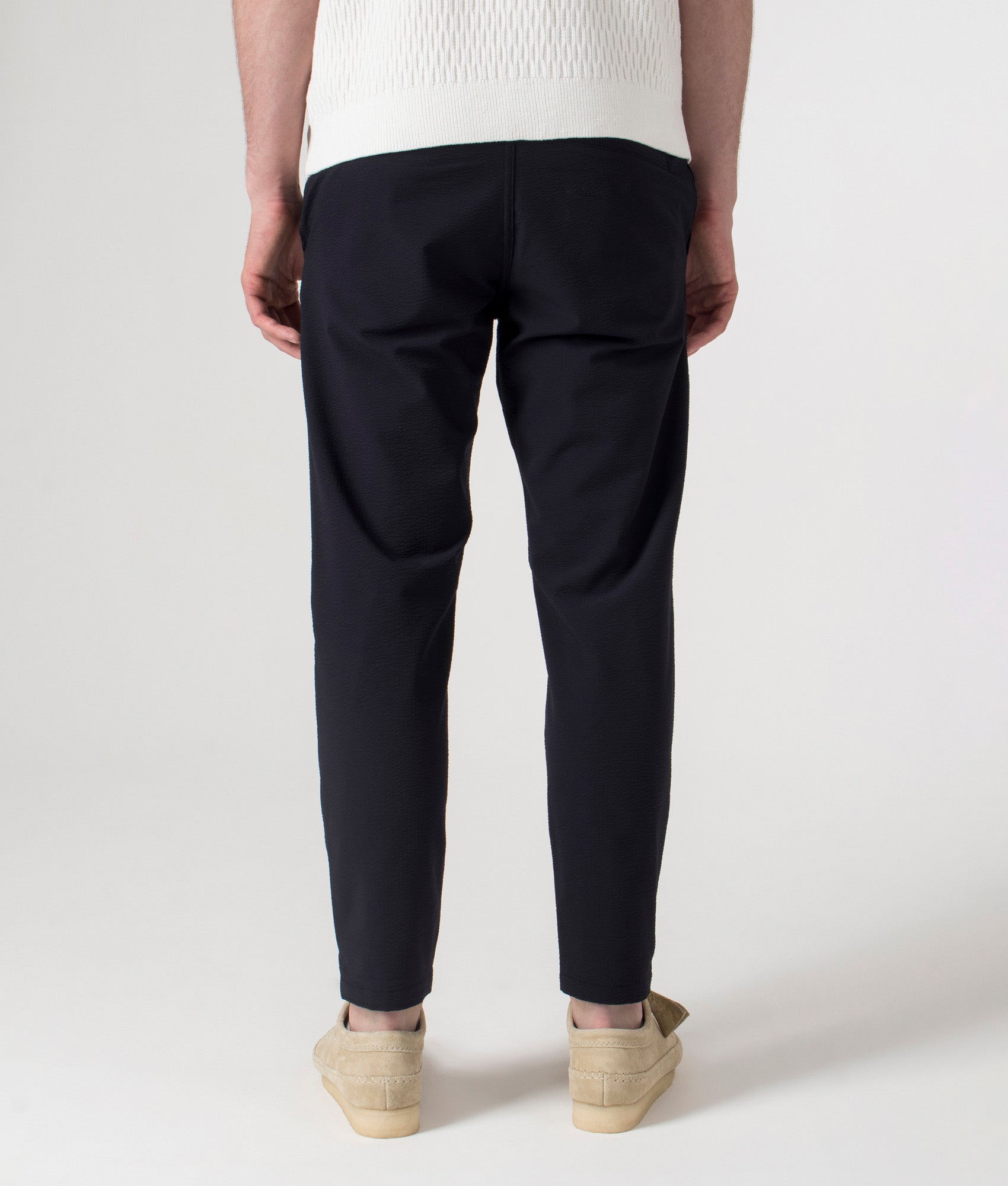 BOSS Regular Tapered Draw String Pant in Dark Blue at EQVVS. Back Shot.