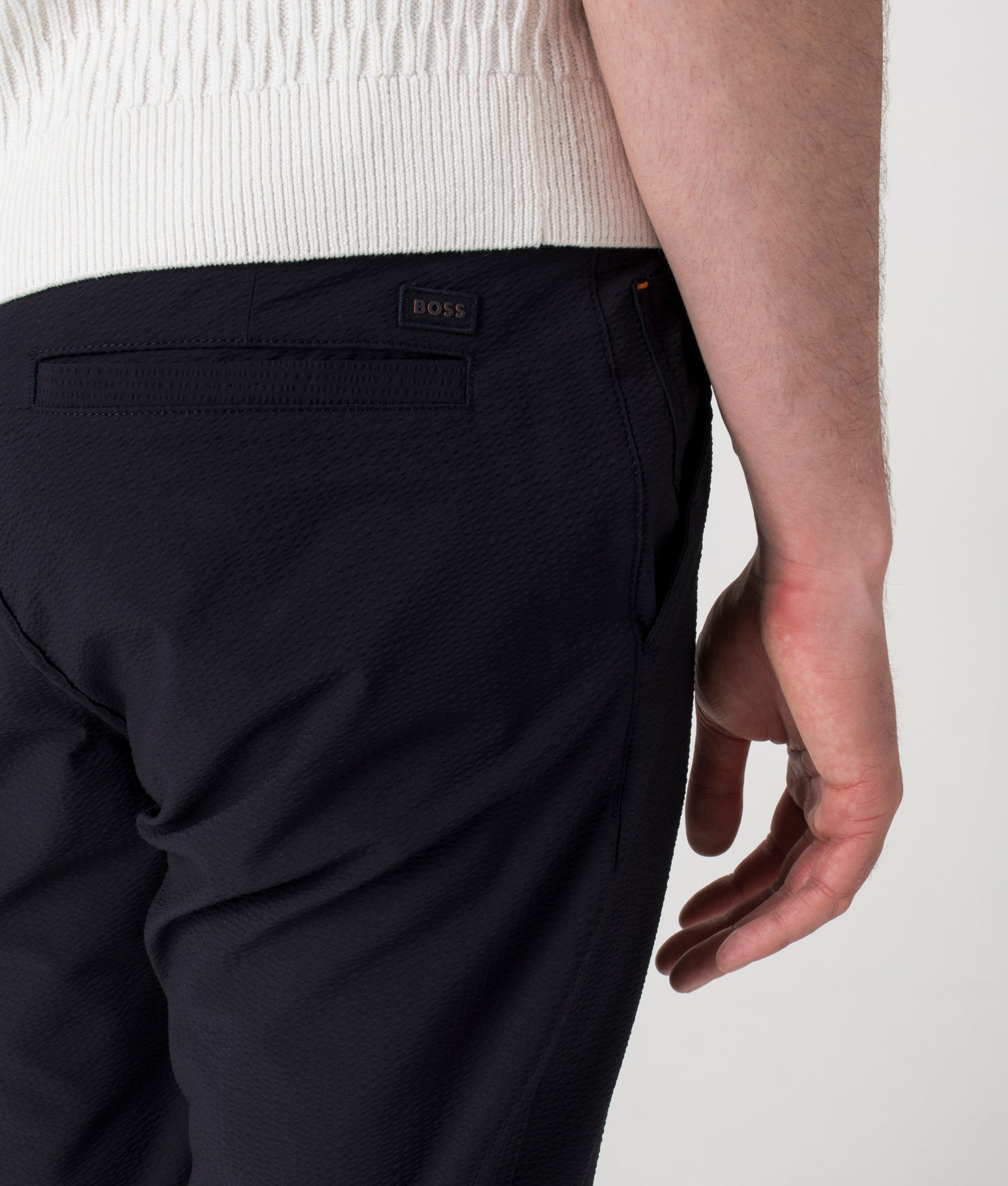 BOSS Regular Tapered Draw String Pant in Dark Blue at EQVVS. Back Shot.