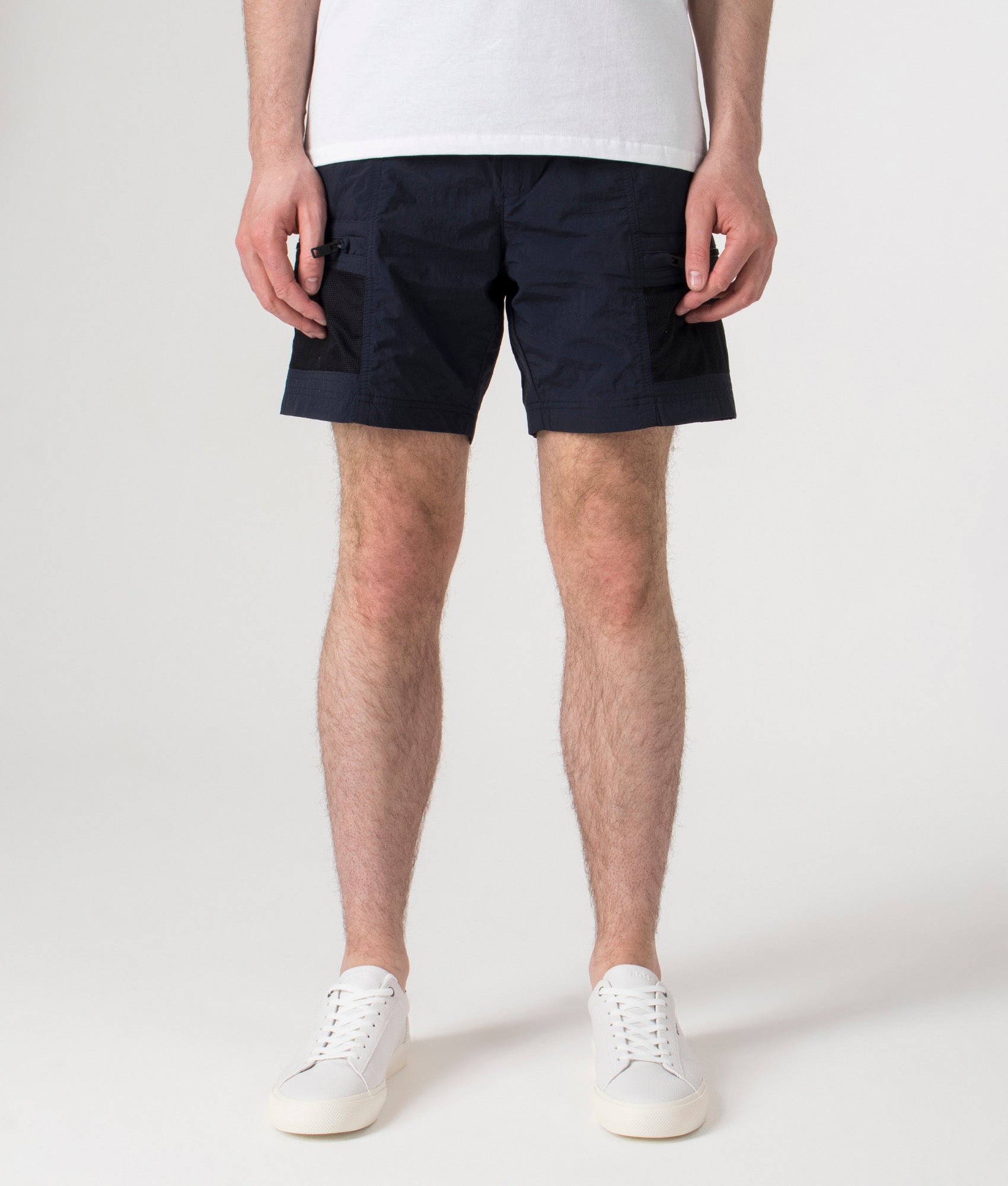 BOSS Sal Cargo Shorts in Dark Blue at EQVVS. Front shot.
