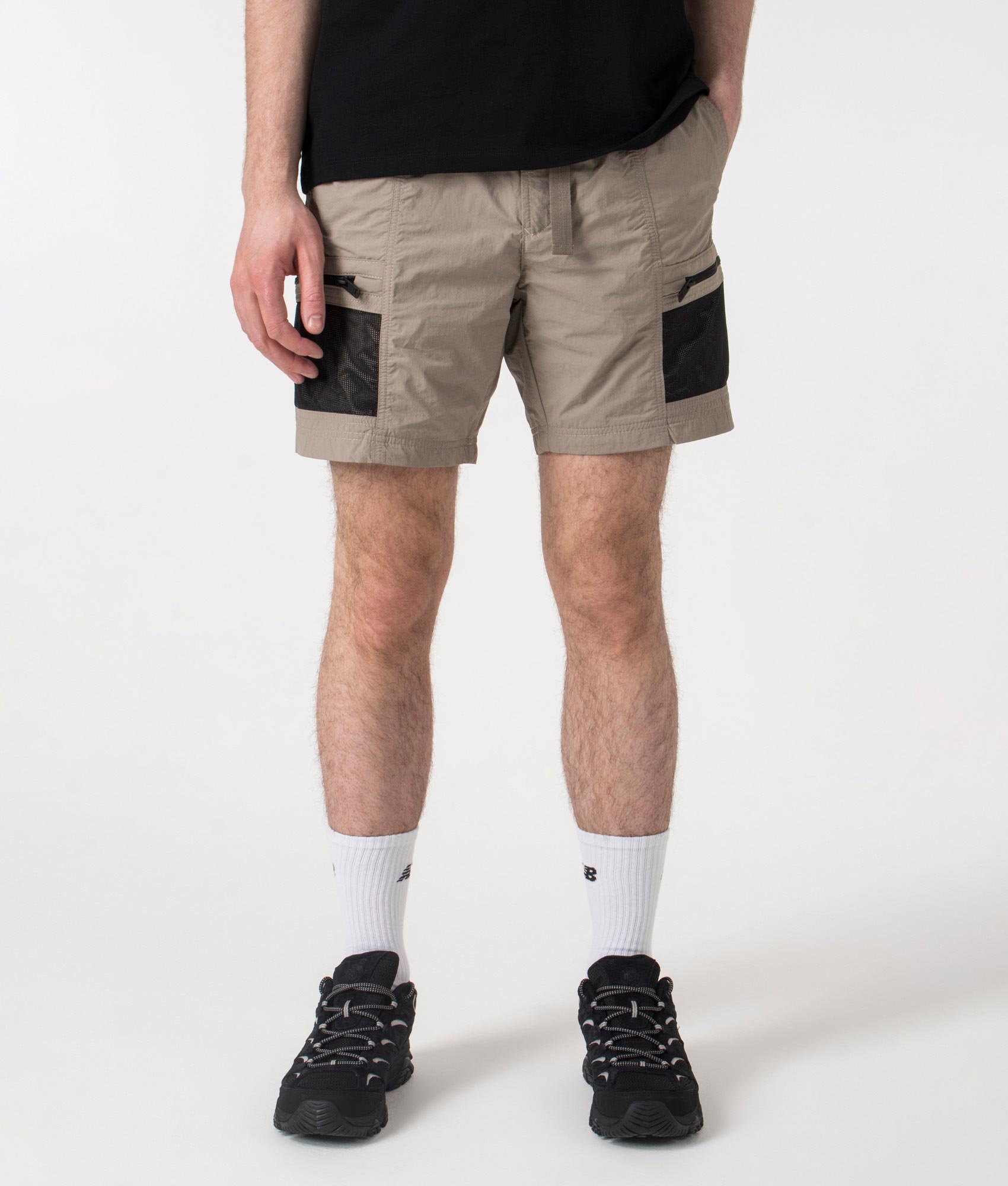 BOSS Sal Cargo Shorts in Open Beige at EQVVS. Front shot.