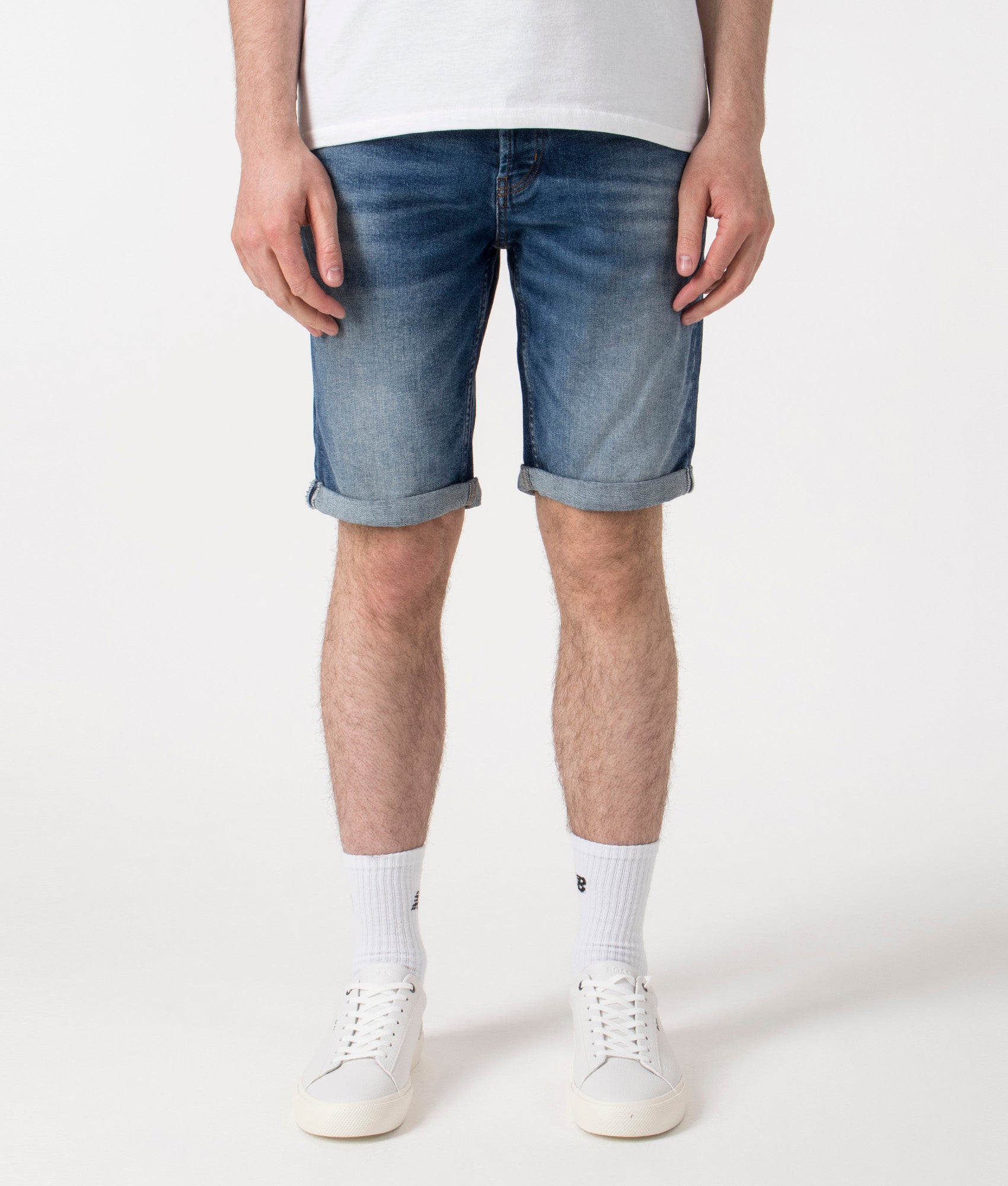 HUGO 634 Shorts in Medium Blue. Shot at EQVVS. Front shot