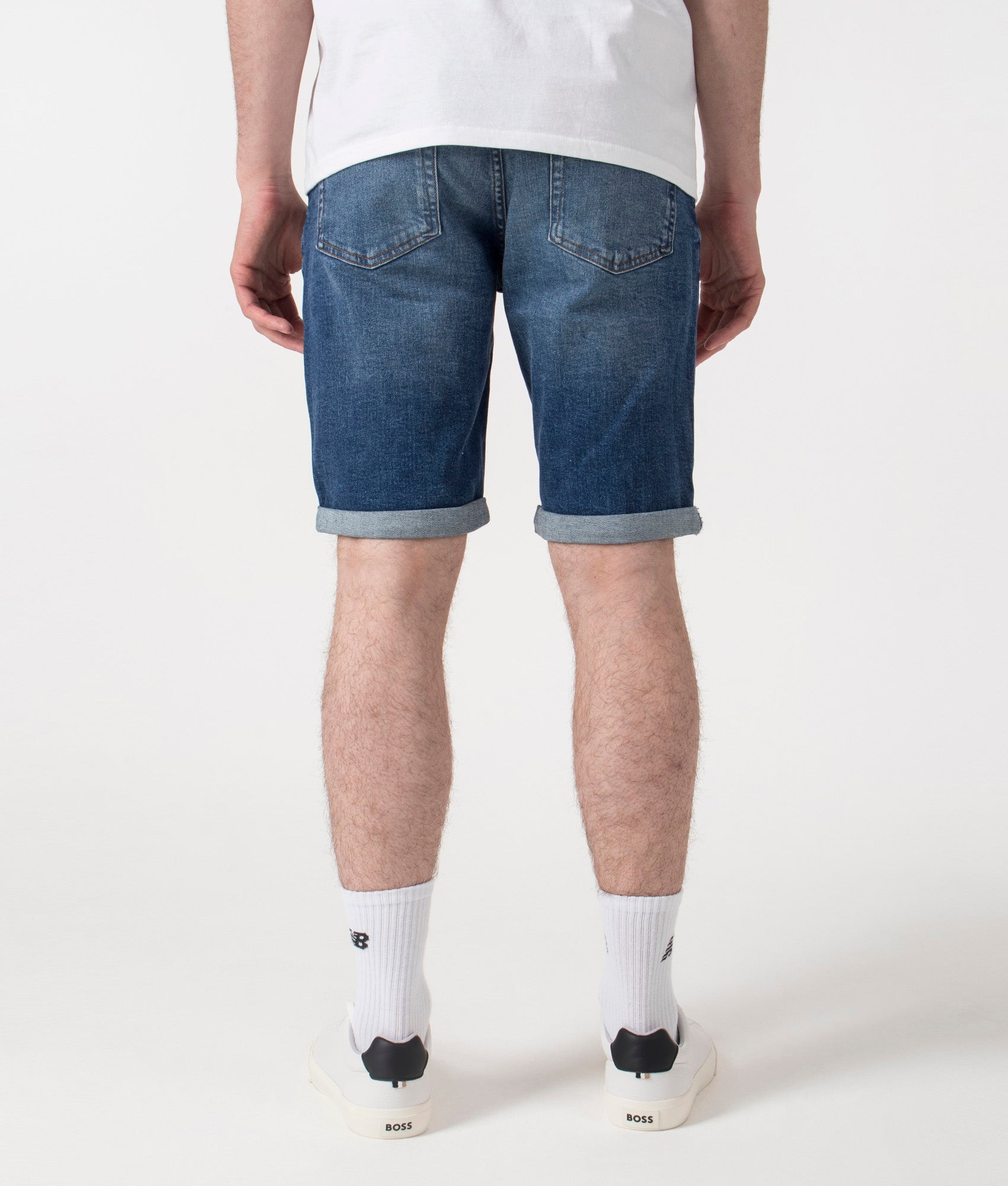 HUGO 634 Shorts in Medium Blue. Shot at EQVVS. back shot