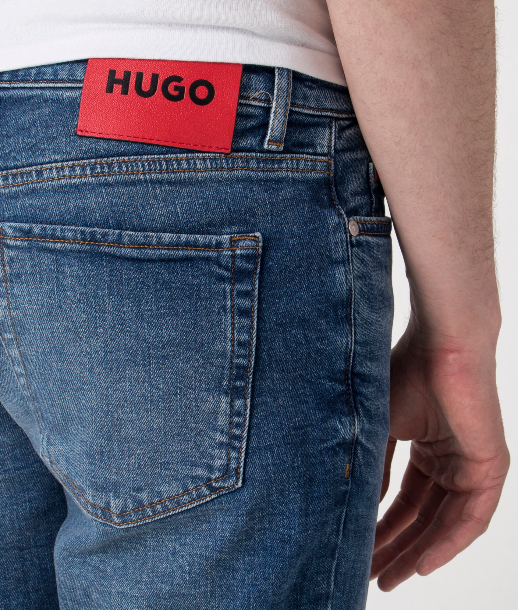 HUGO 634 Shorts in Medium Blue. Shot at EQVVS. Detail shot