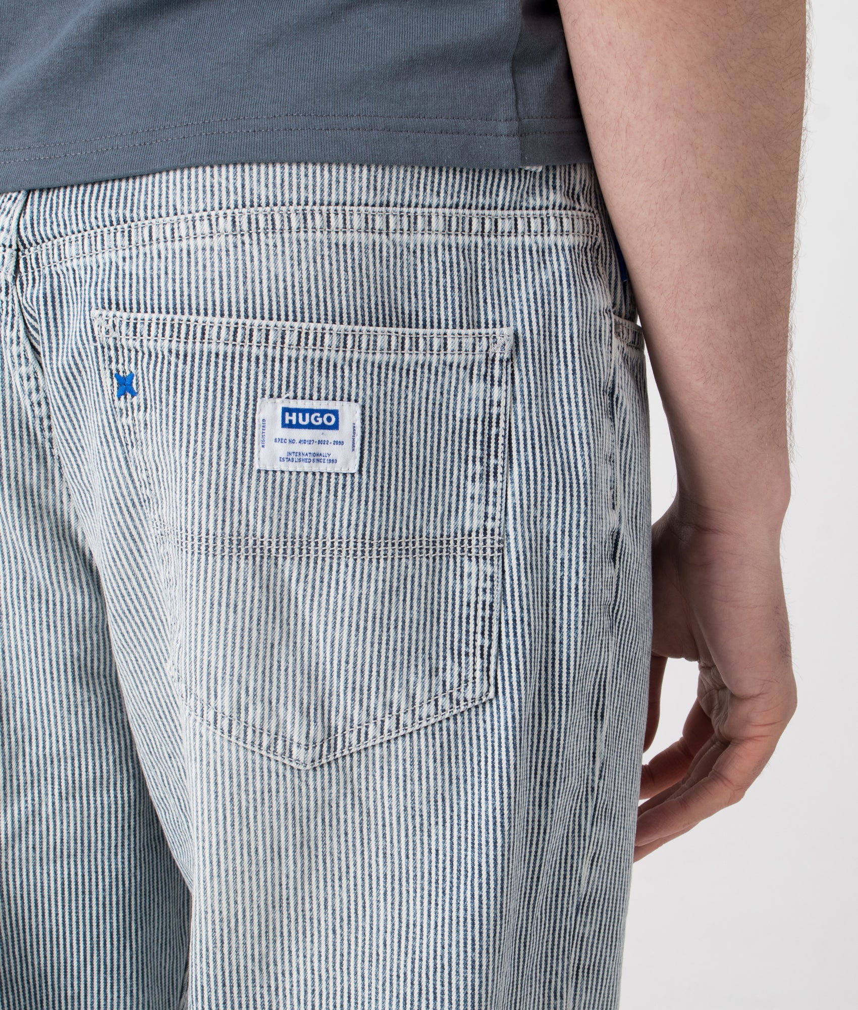 HUGO Nate Jeans in Bright Blue. Shot at EQVVS. Detail shot. 