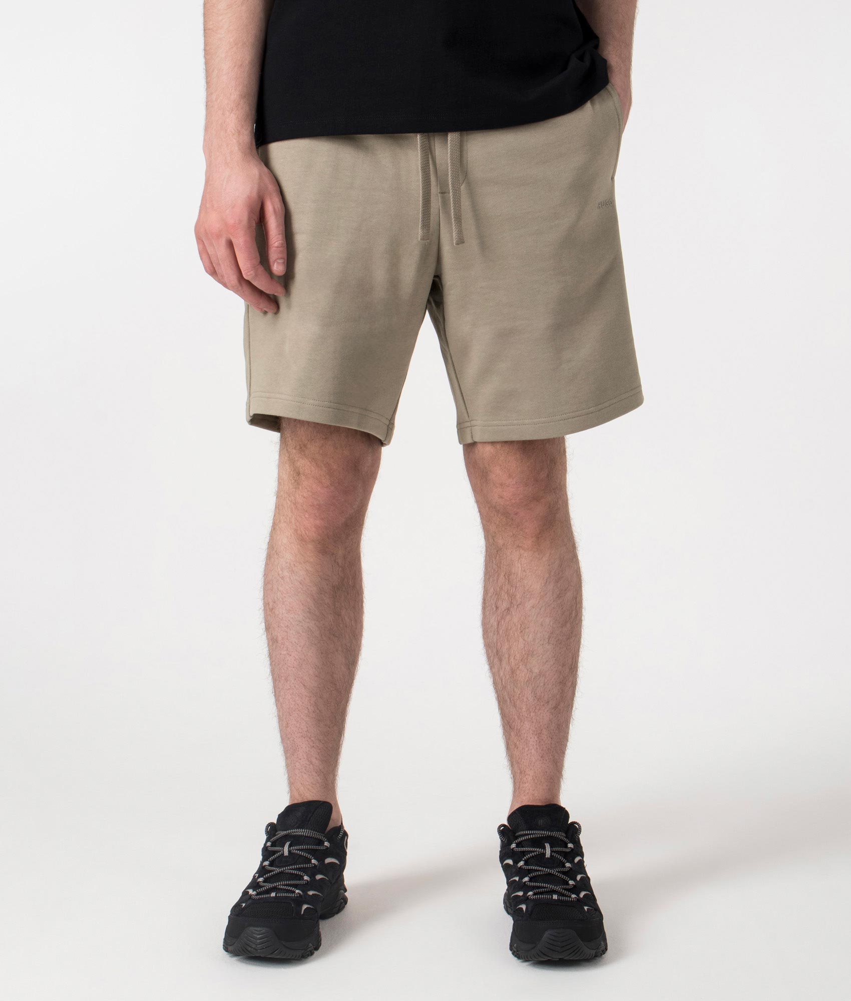 HUGO Relaxed Fit Dayono Shorts in Medium Brown at EQVVS. Front shot. 