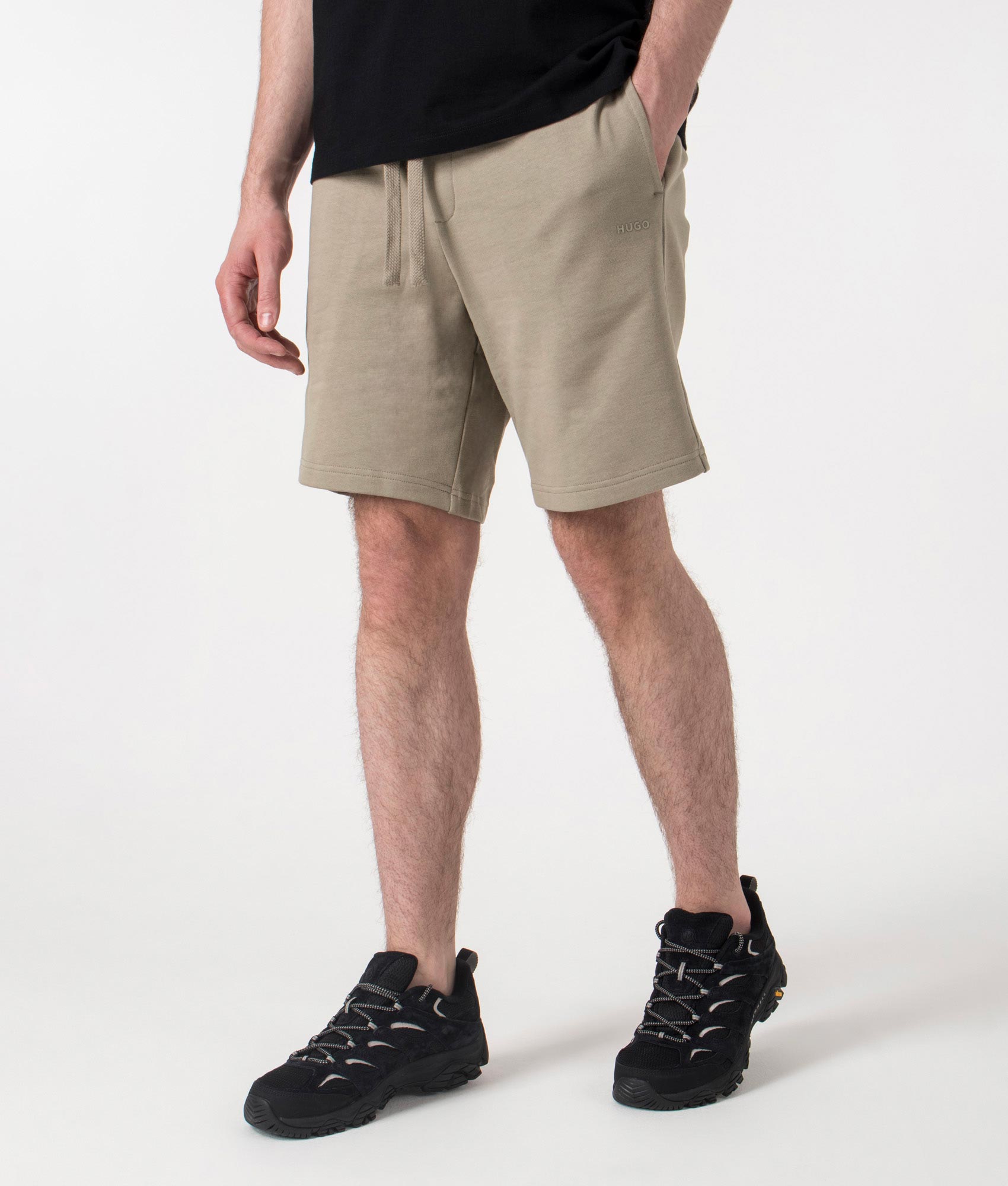 HUGO Relaxed Fit Dayono Shorts in Medium Brown at EQVVS. Side shot. 