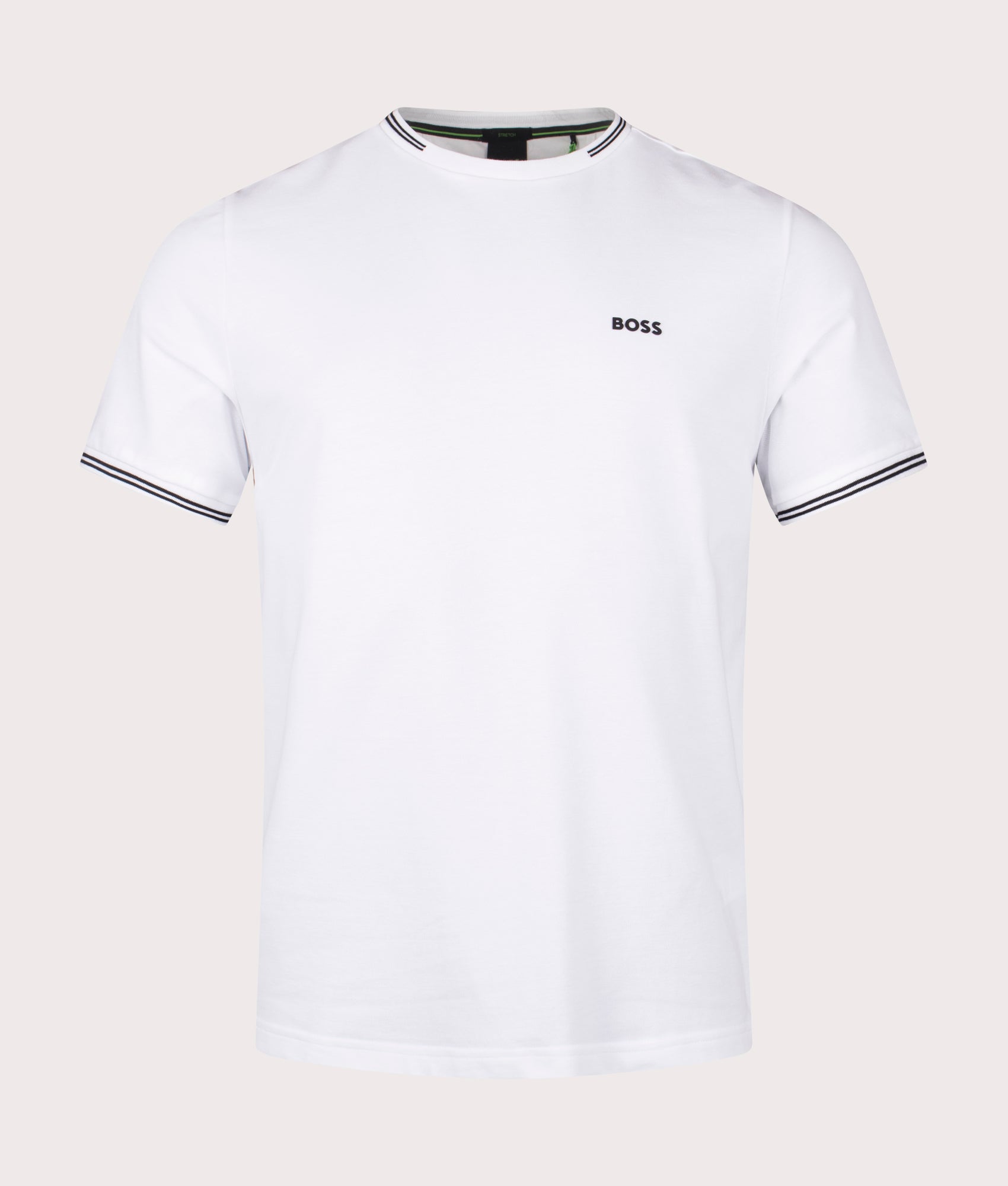 BOSS Taul T-Shirt in White. Shot at EQVVS.  Front detail shot
