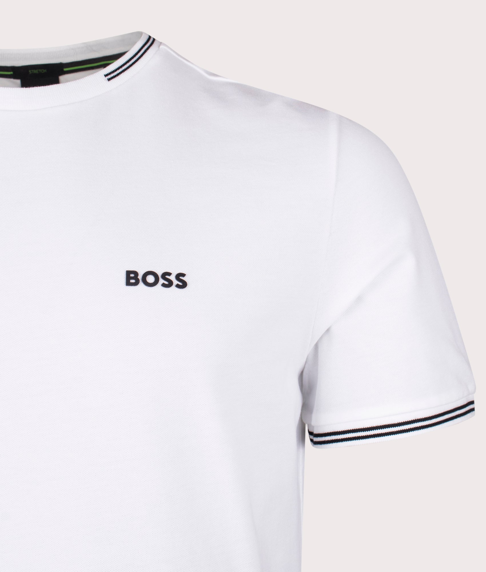BOSS Taul T-Shirt in White. Shot at EQVVS. Front logo shot 