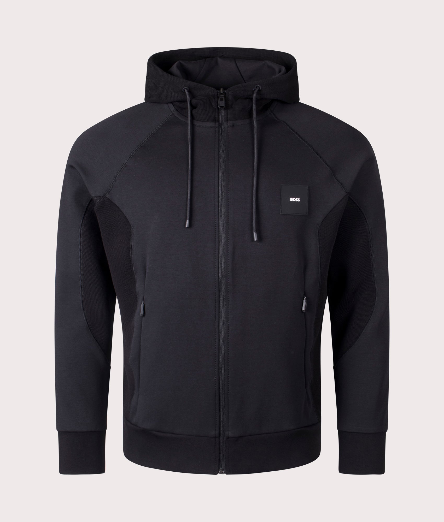 BOSS Saggy Rib Hoodie in Black at EQVVS. Front Shot.