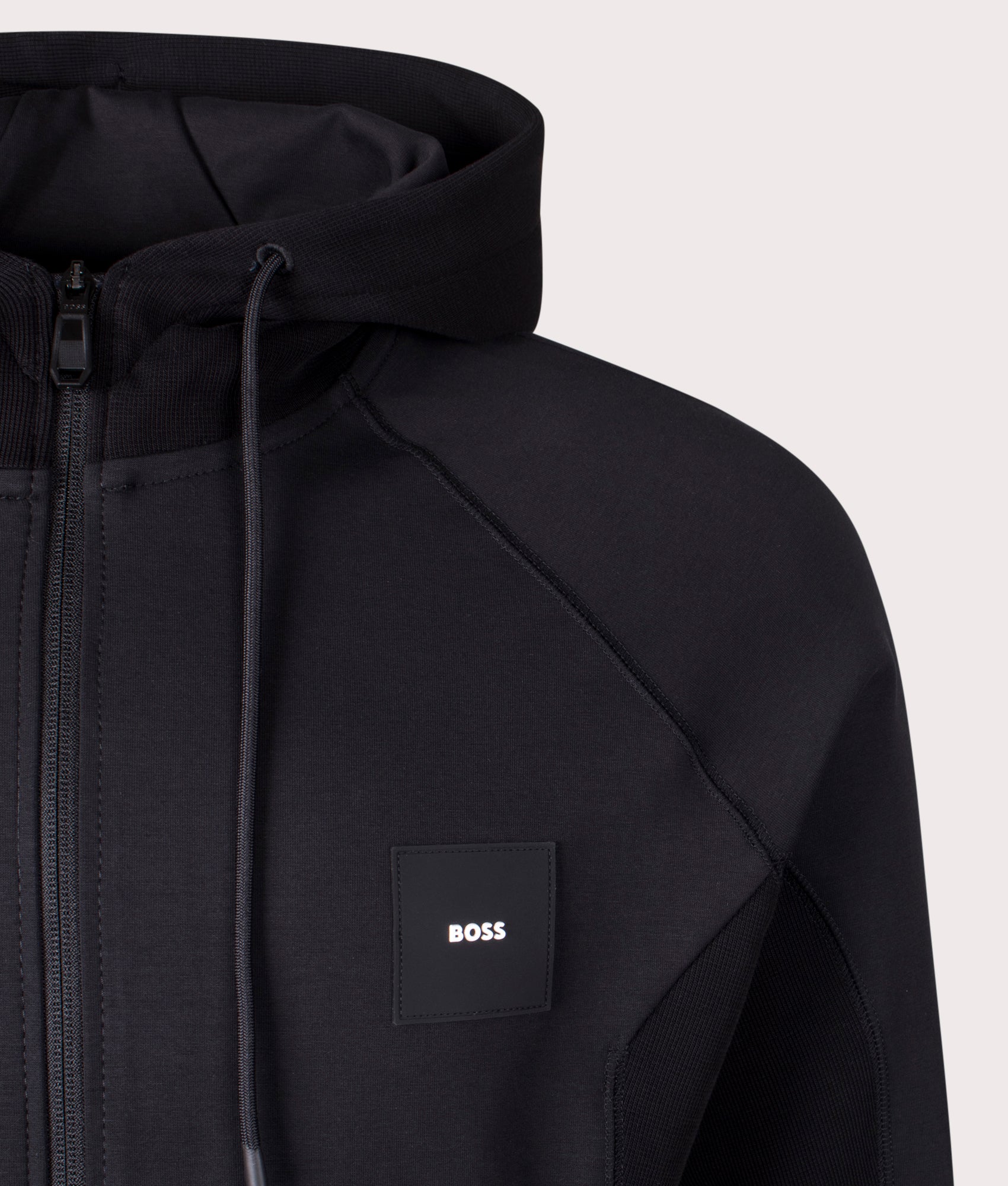 BOSS Saggy Rib Hoodie in Black at EQVVS. Detail Shot.