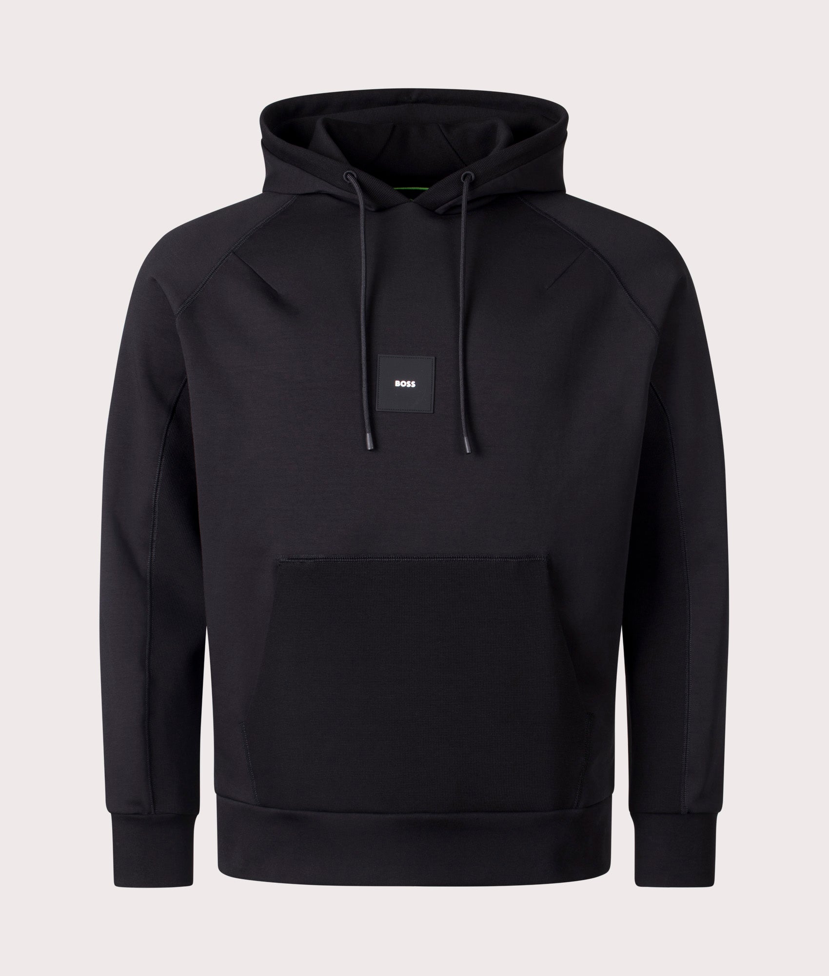 BOSS Soody Rib Hoodie in Black. Shot at EQVVS. Front detail shot