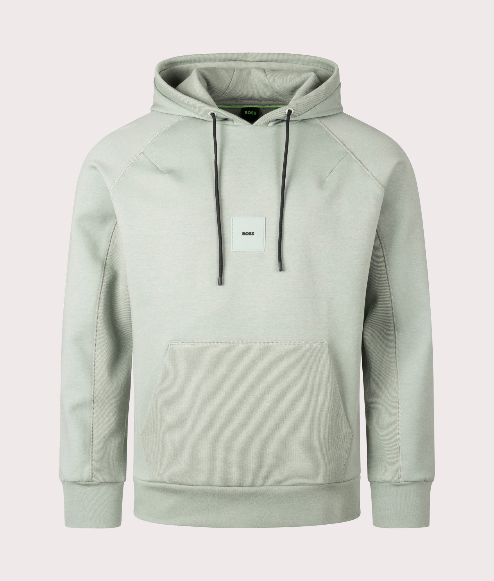 BOSS Soody Rib Hoodie in Open Green . Shot at EQVVS. Front detail shot 