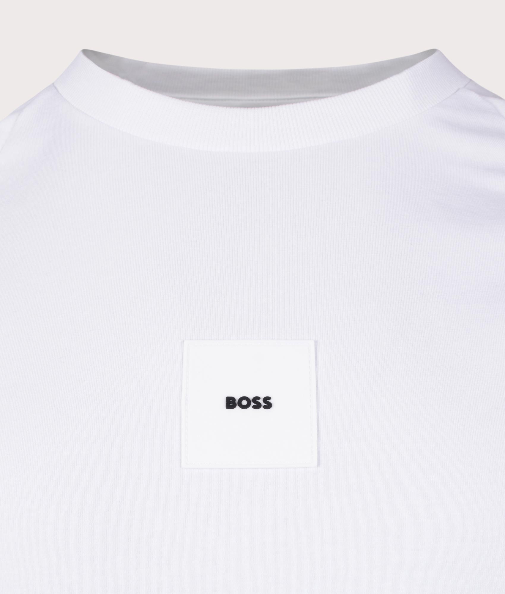 BOSS Tee Rib T-Shirt in White at EQVVS. Detail Shot.
