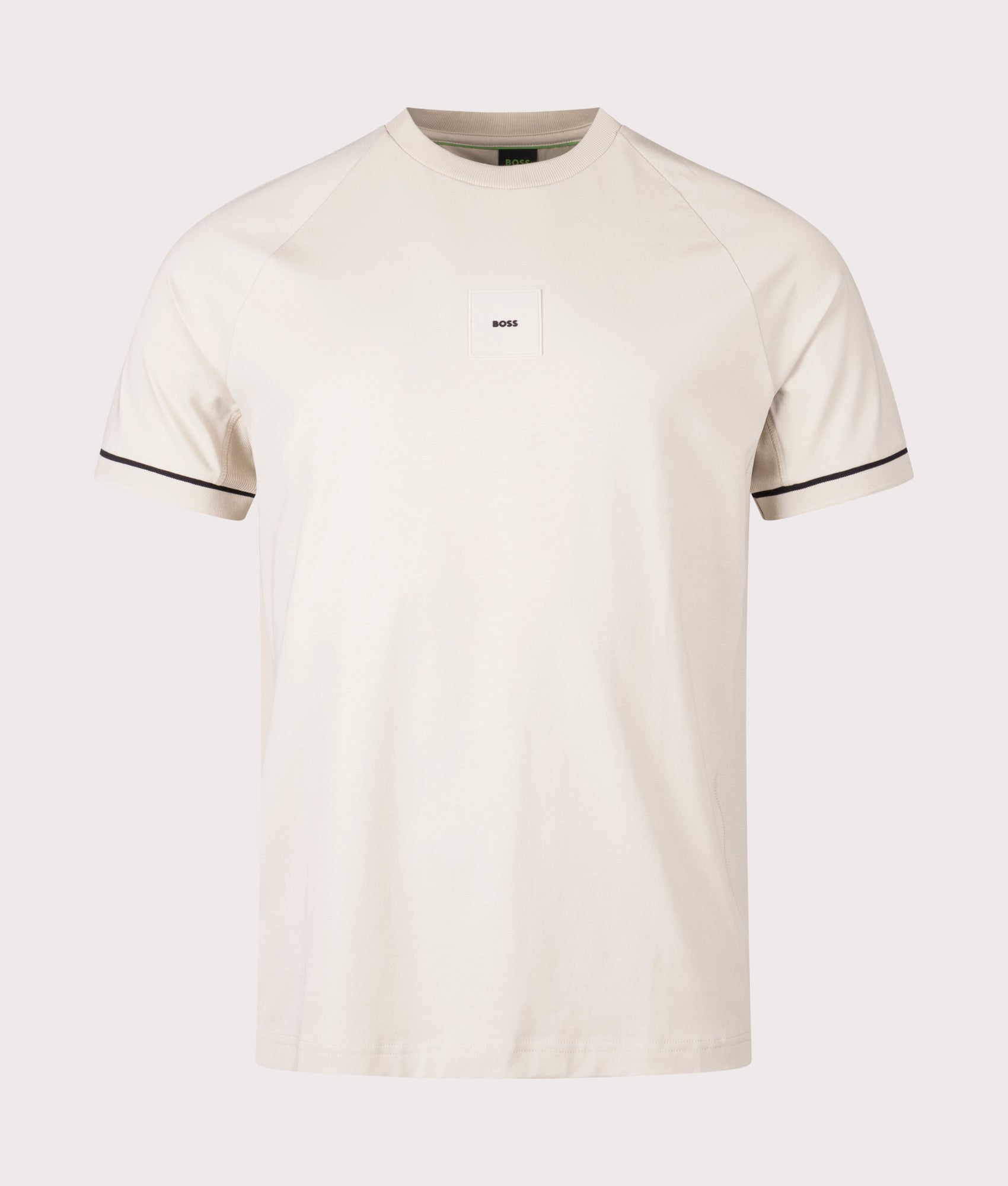 BOSS Tee Rib T-Shirt in Open Beige . Shot at EQVVS. Front detail shot