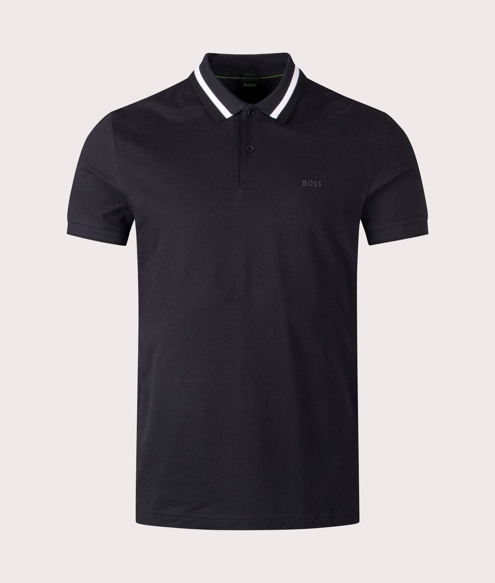 BOSS Paddy Active Polo Heritage Polo Shirt in Black. Shot at EQVVS. Front detail shot 