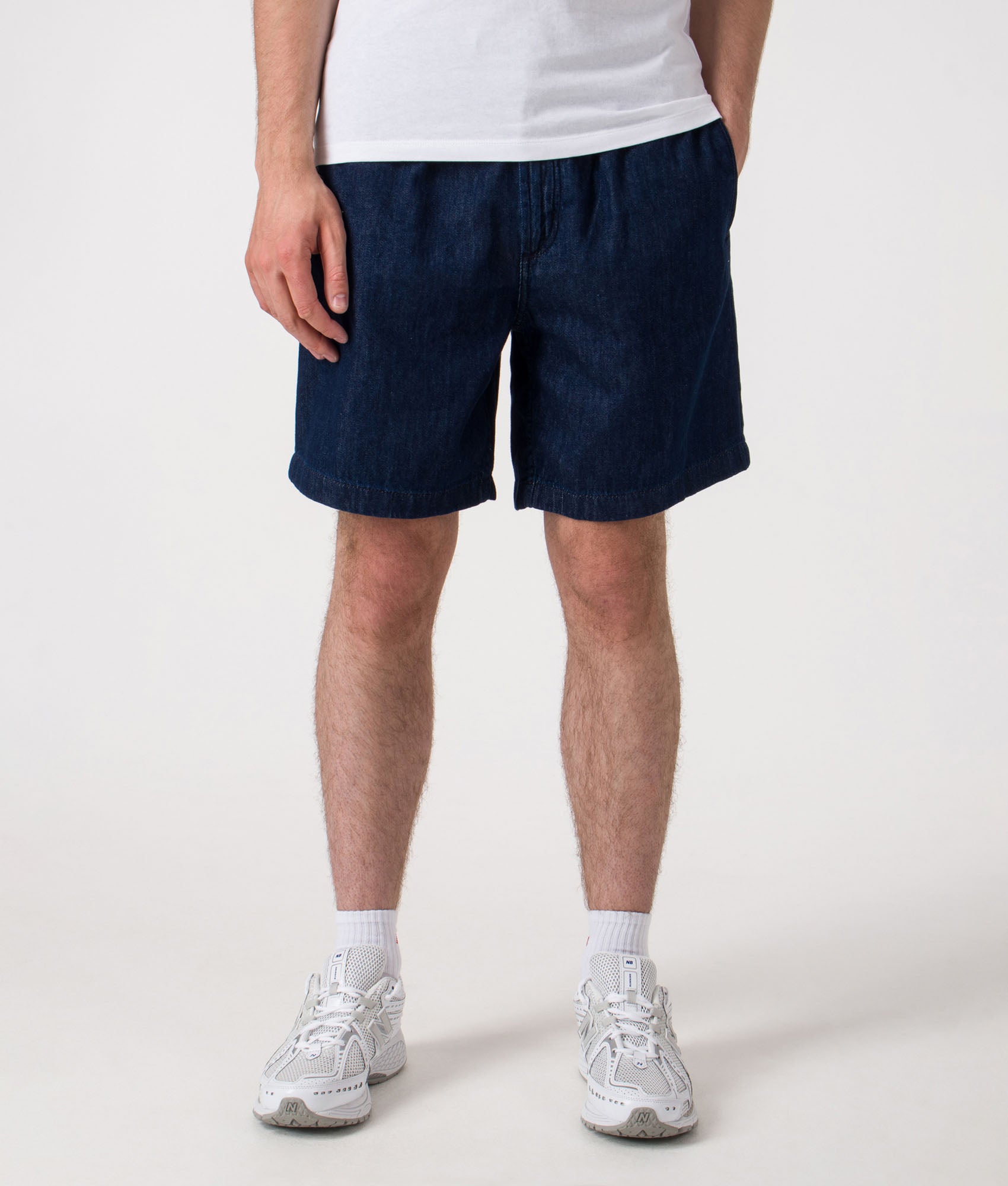 BOSS Relaxed Fit Sandrew Shorts in Dark Blue at EQVVS. Front model shot