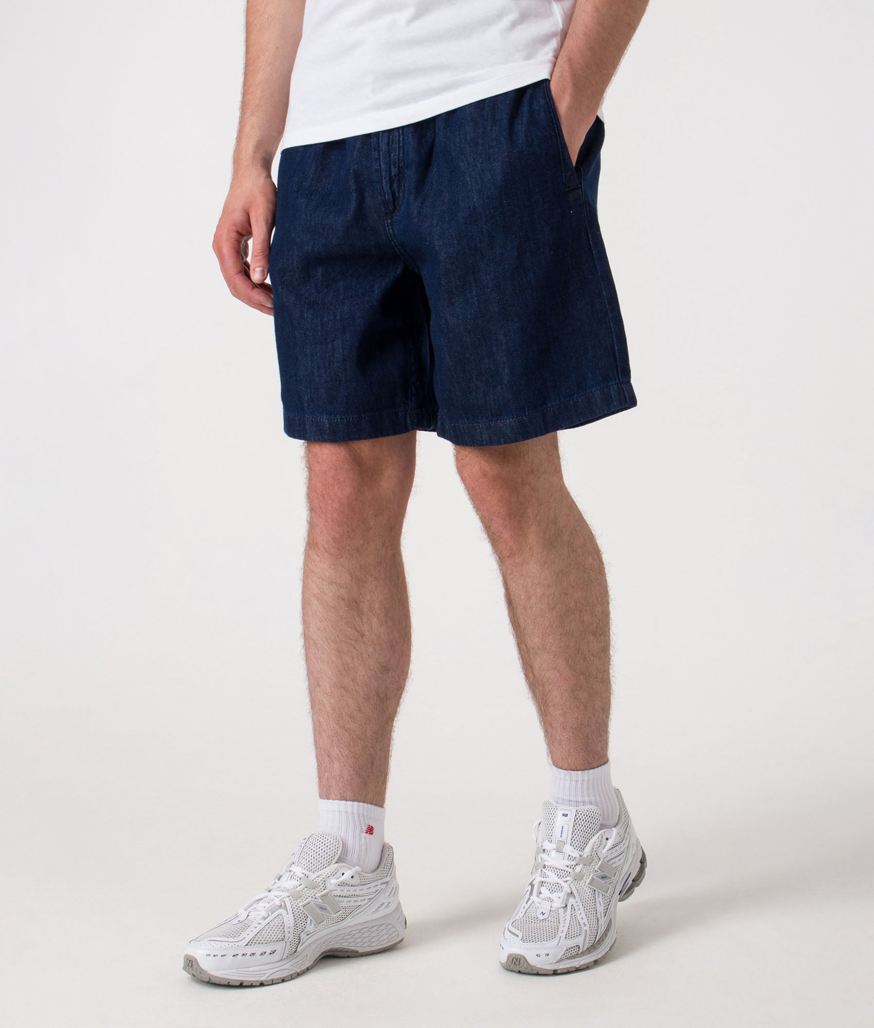 BOSS Relaxed Fit Sandrew Shorts in Dark Blue at EQVVS.  Front angle model shot.