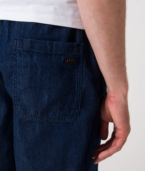 BOSS Relaxed Fit Sandrew Shorts in Dark Blue at EQVVS. Rear Pocket Detail Shot.