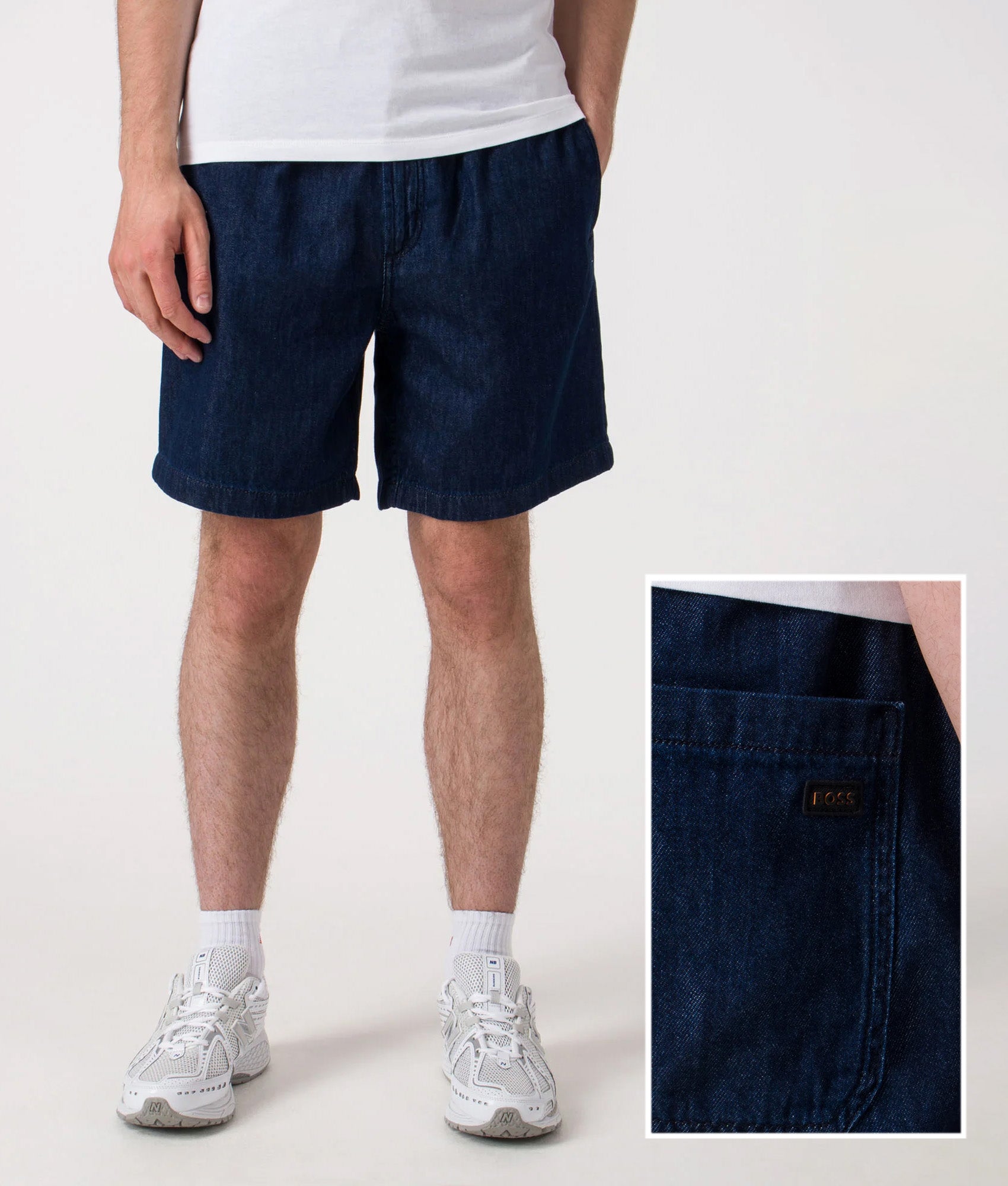 BOSS Relaxed Fit Sandrew Shorts in Dark Blue at EQVVS Menswear. Front and Back shot.