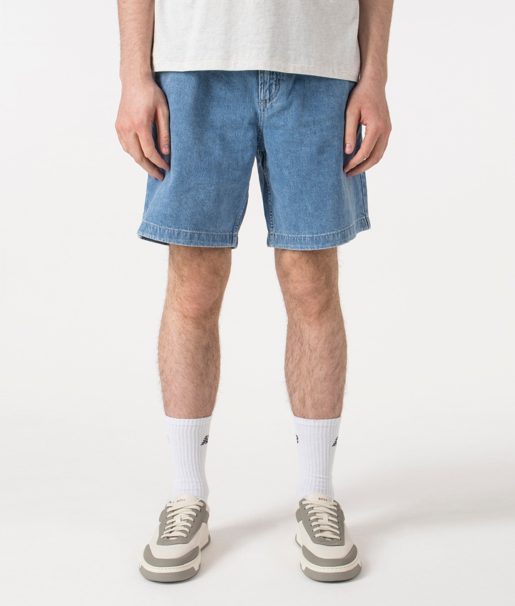 BOSS Relaxed Fit Sandrew Shorts in Bright Blue Denim at EQVVS. Front Shot.