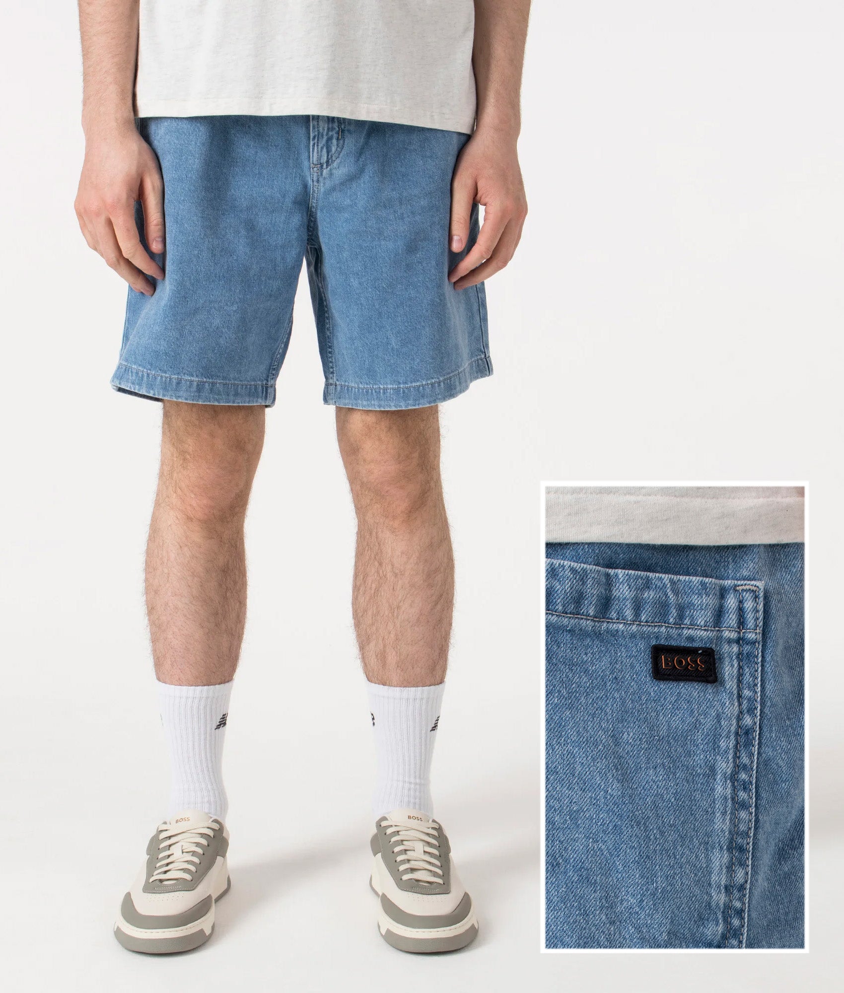 BOSS Relaxed Fit Sandrew Shorts in Bright Blue Denim at EQVVS Menswear. Front and back shot.