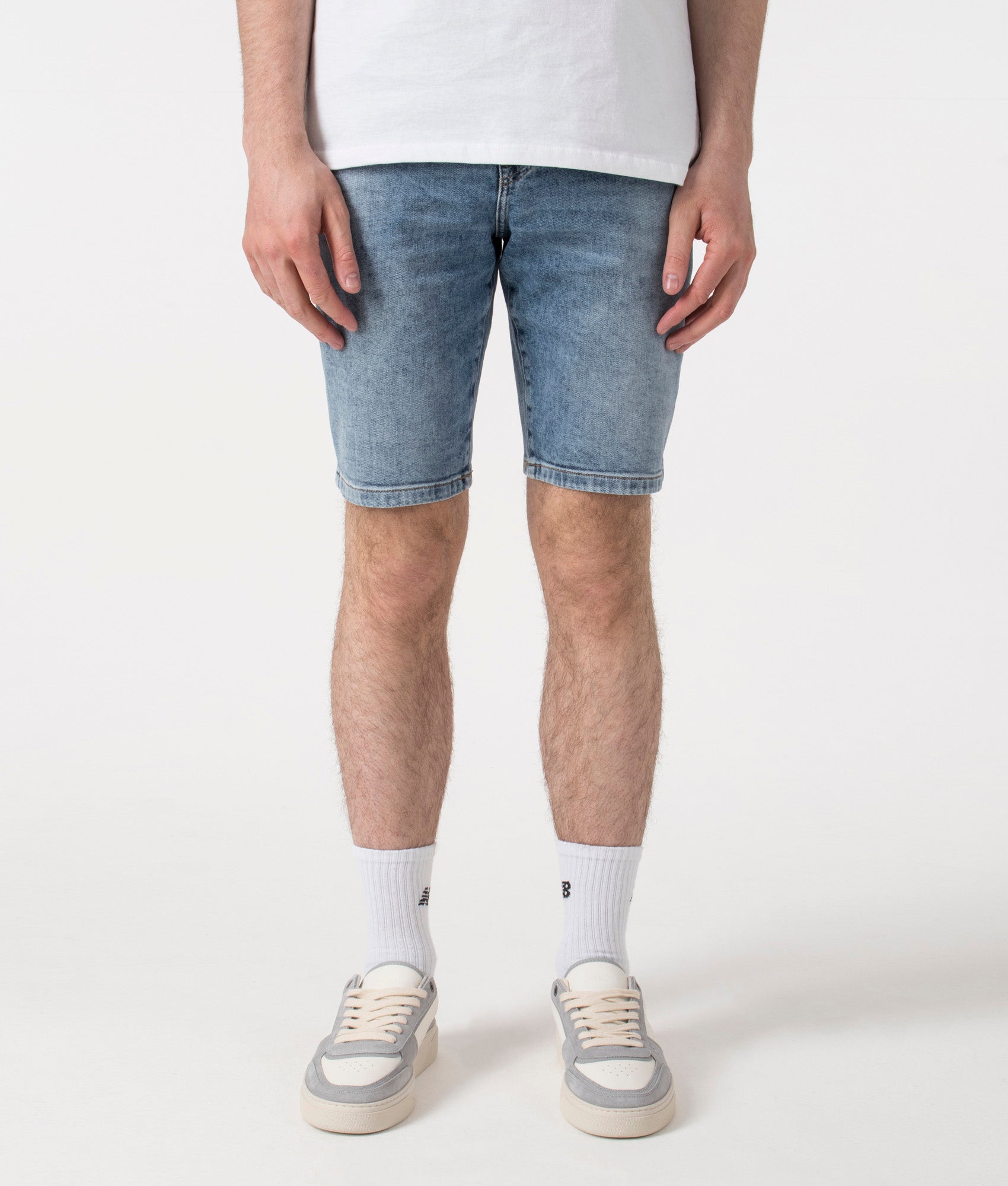 BOSS Regular Fit Maine Shorts in Turquoise/Aqua at EQVVS. Front shot.