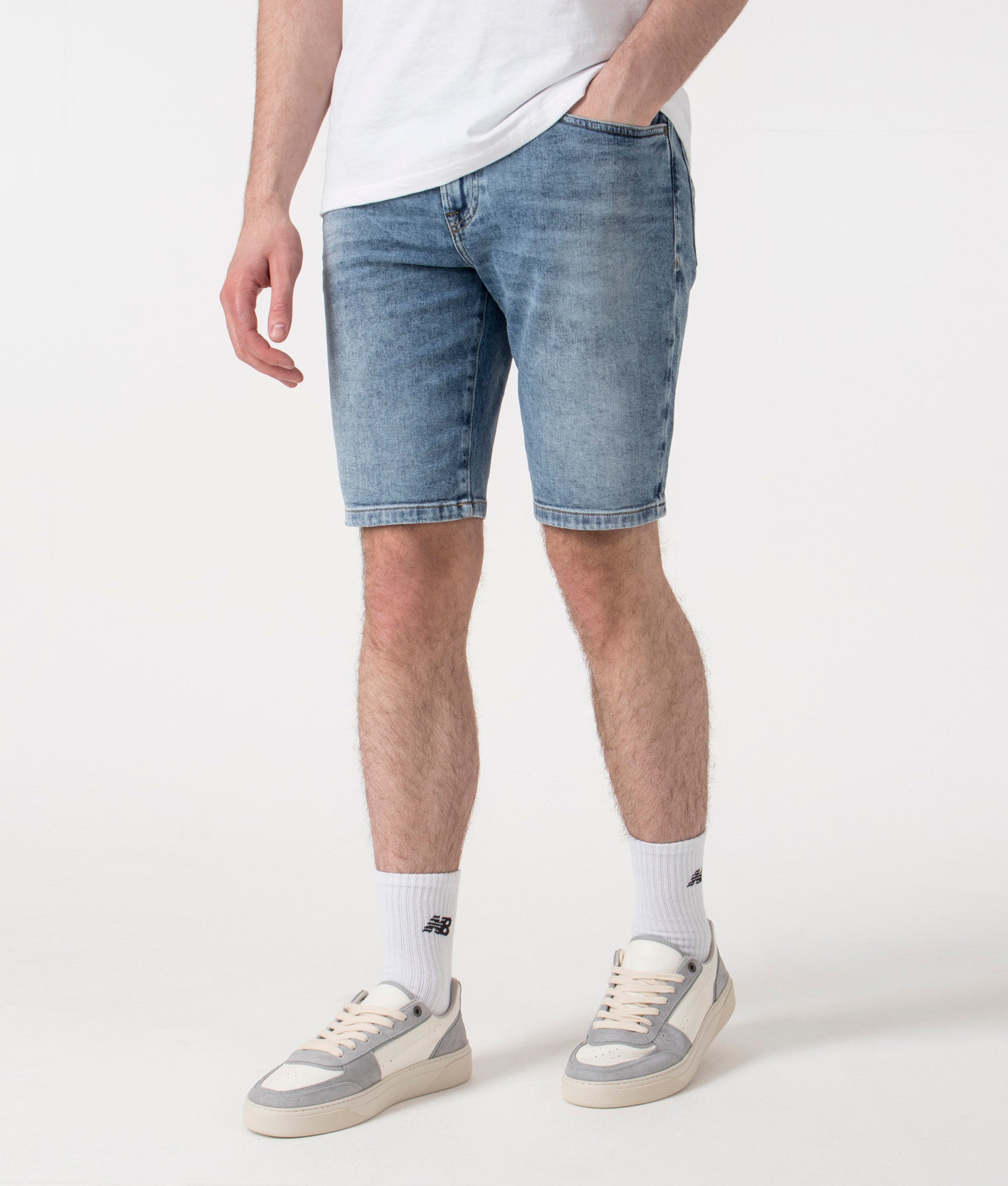 BOSS Regular Fit Maine Shorts in Turquoise/Aqua at EQVVS. Angle shot.