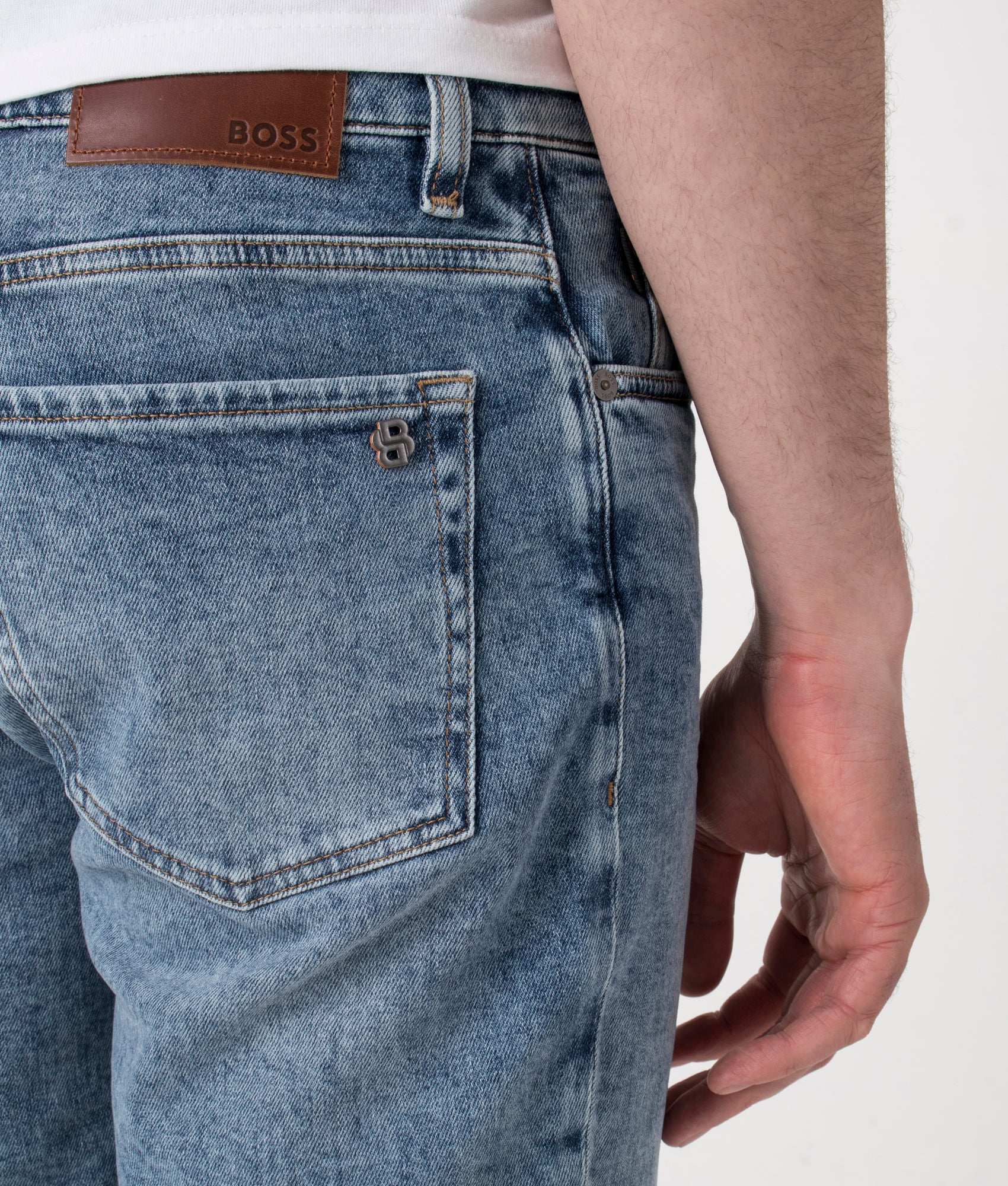 BOSS Regular Fit Maine Shorts in Turquoise/Aqua at EQVVS. Detail shot.