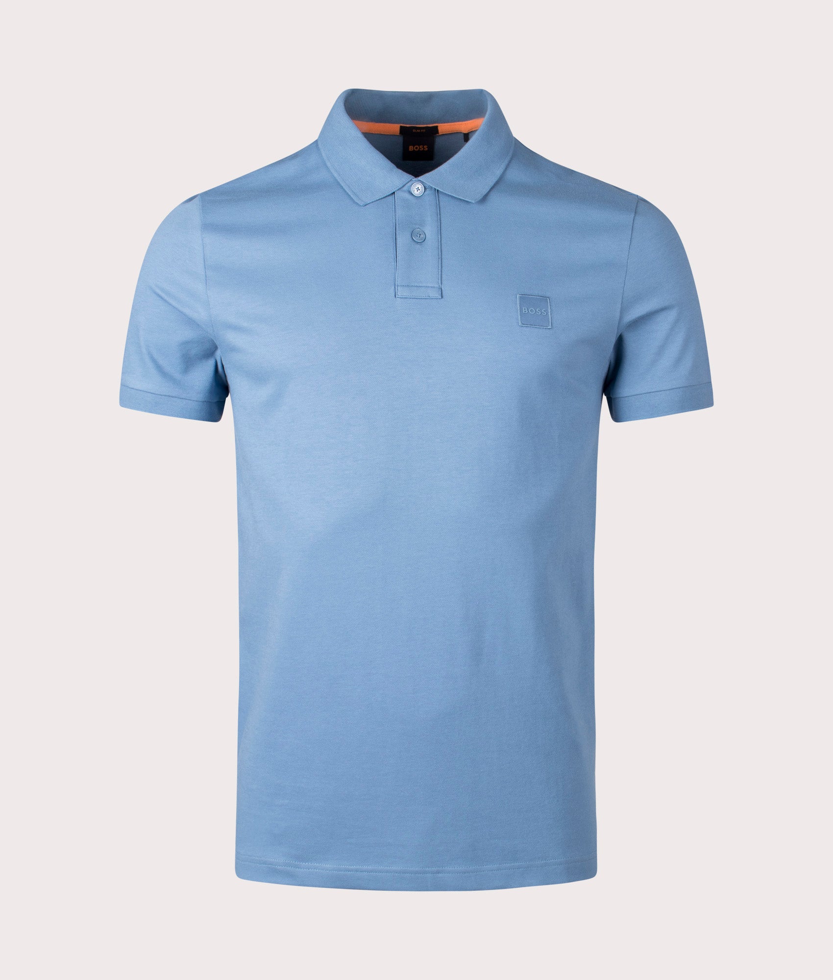 BOSS Slim Fit Passenger Polo Shirt in Open Blue . Shot at EQVVS. Front detail shot 