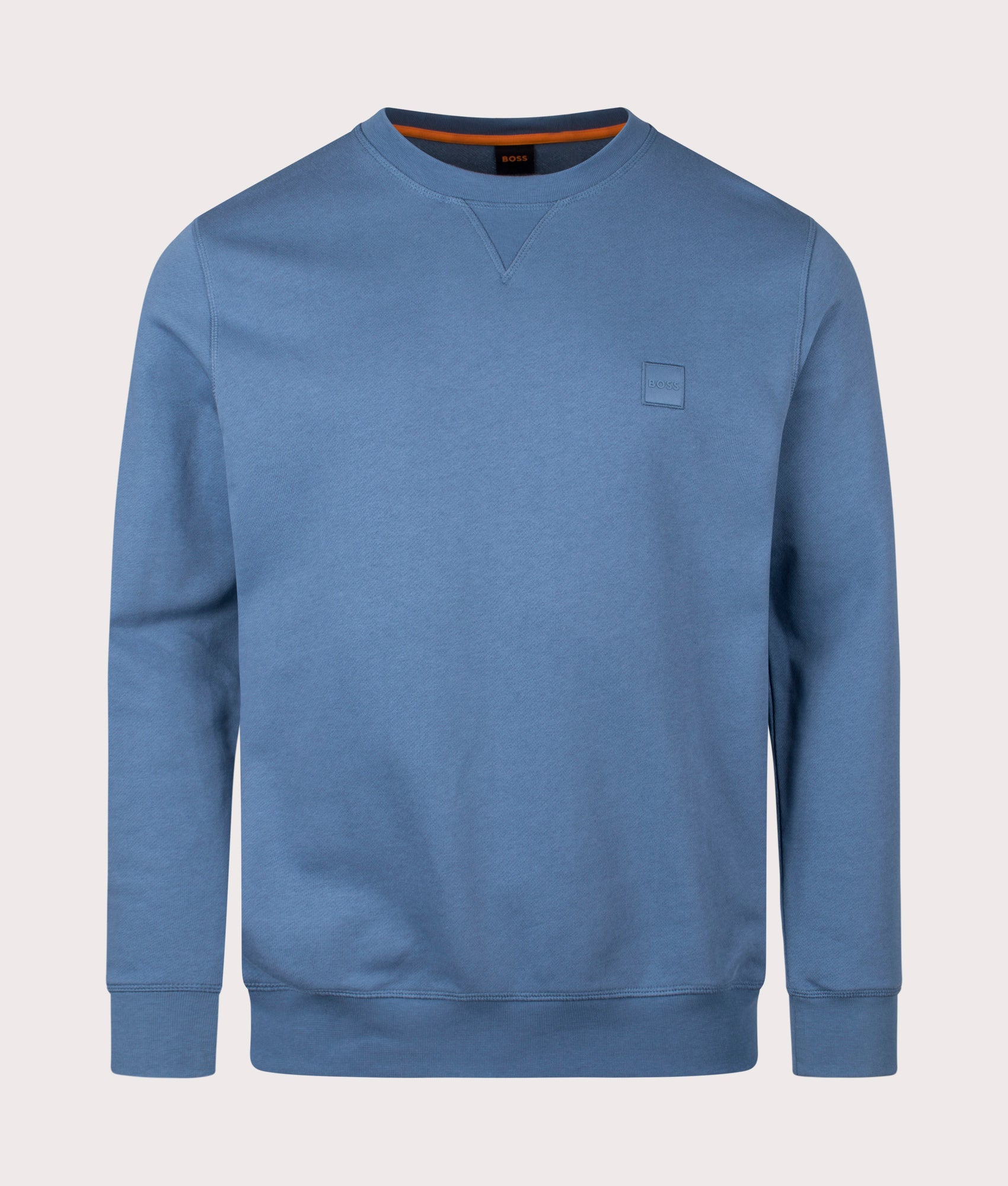 BOSS Relaxed Fit Westart Sweatshirt in Open Blue. EQVVS Front Shot.