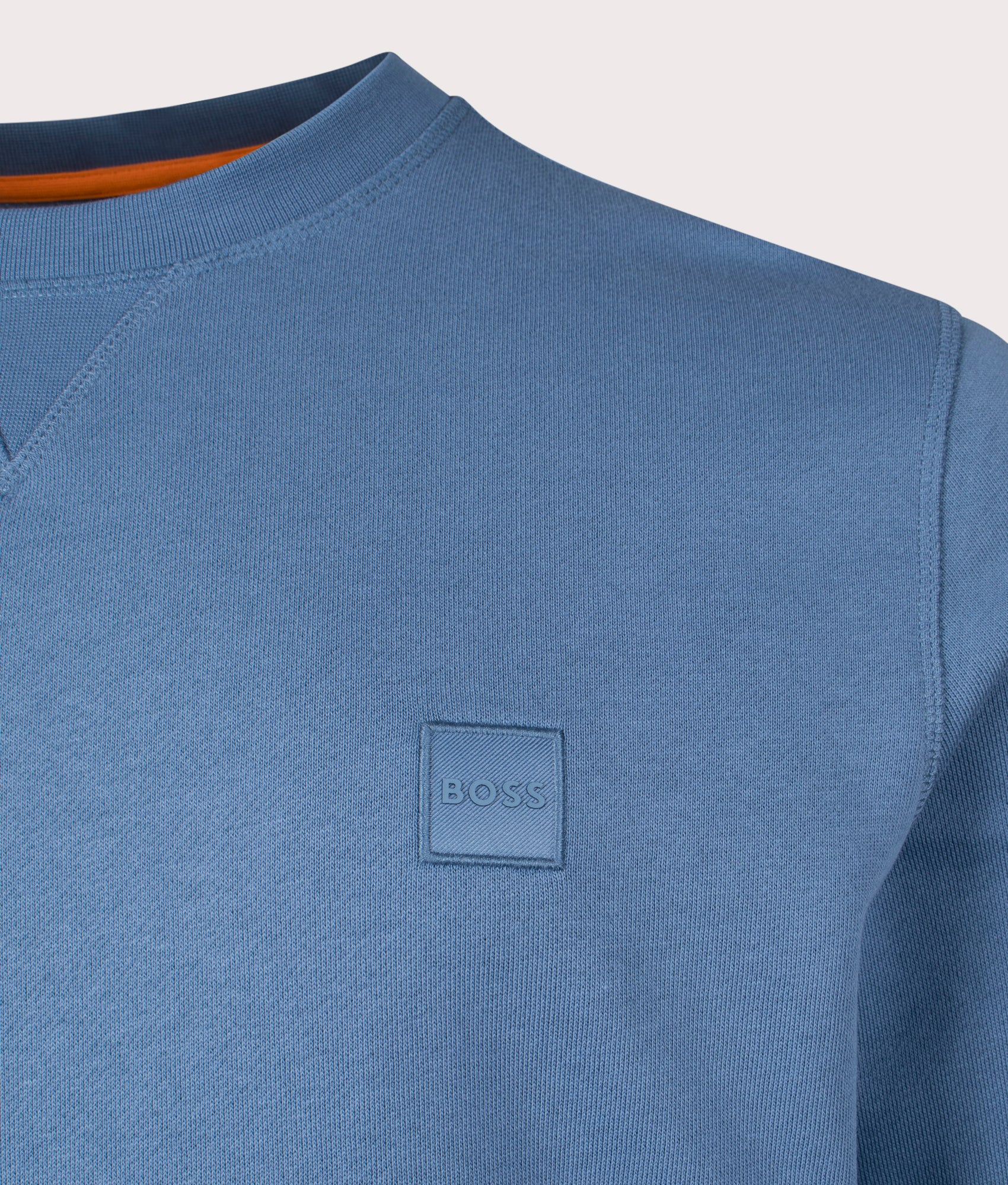 BOSS Relaxed Fit Westart Sweatshirt in Open Blue. EQVVS Detail Shot.