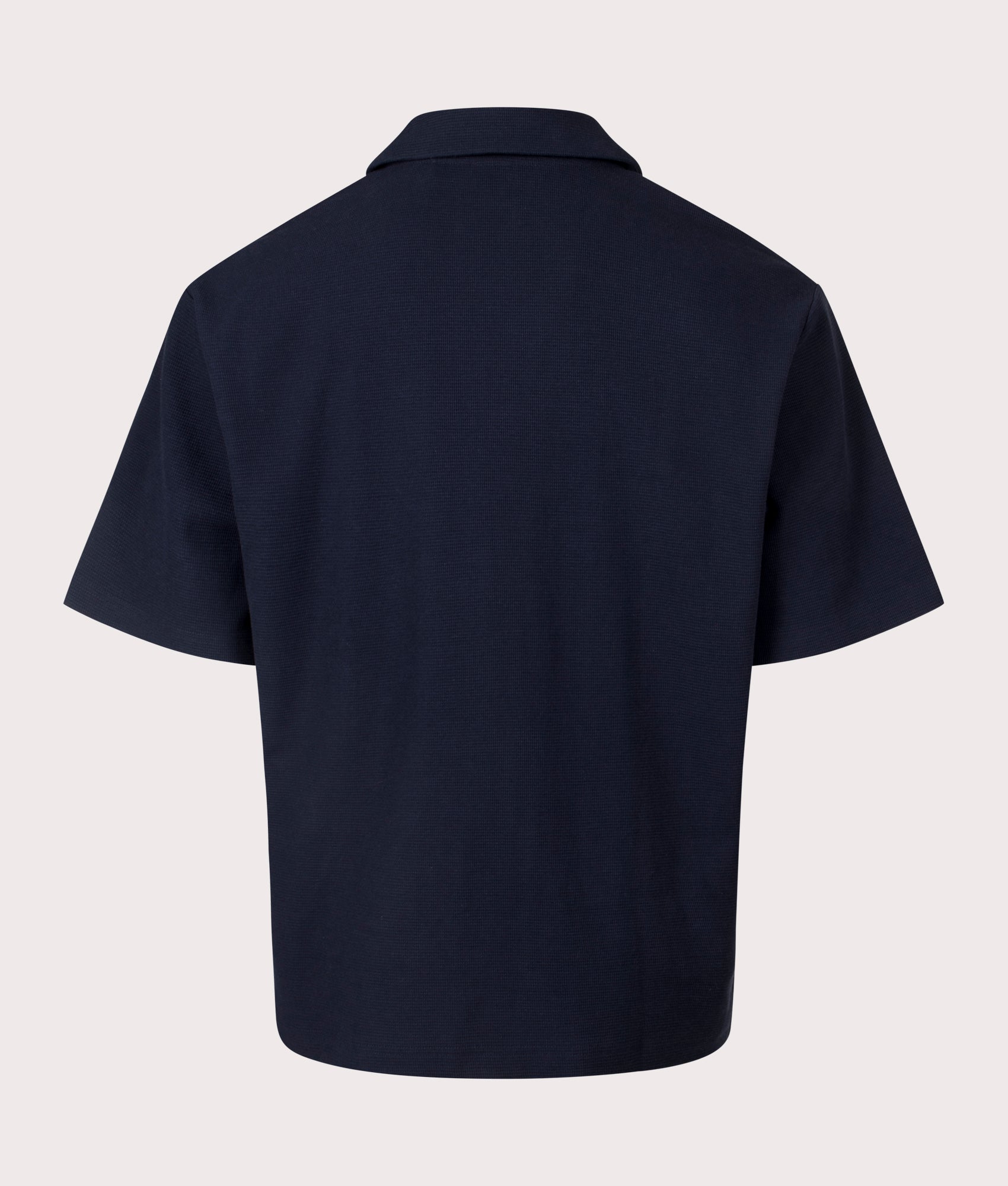 BOSS Relaxed Fit Waffle Shirt in Dark Blue. EQVVS Back Shot.