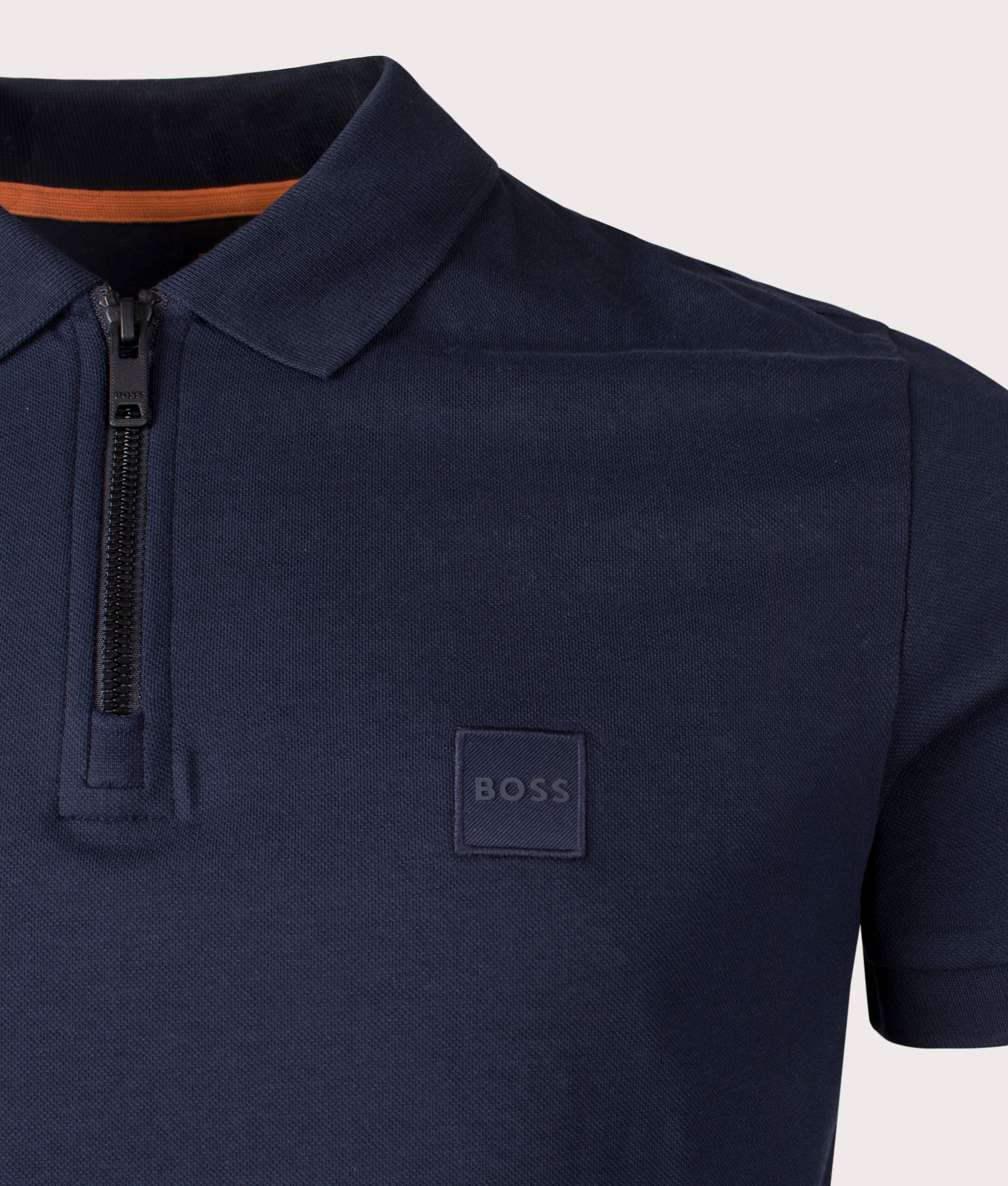 BOSS Slim Fit Passerzip Polo Shirt in Dark Blue at EQVVS Menswear. Detail shot 