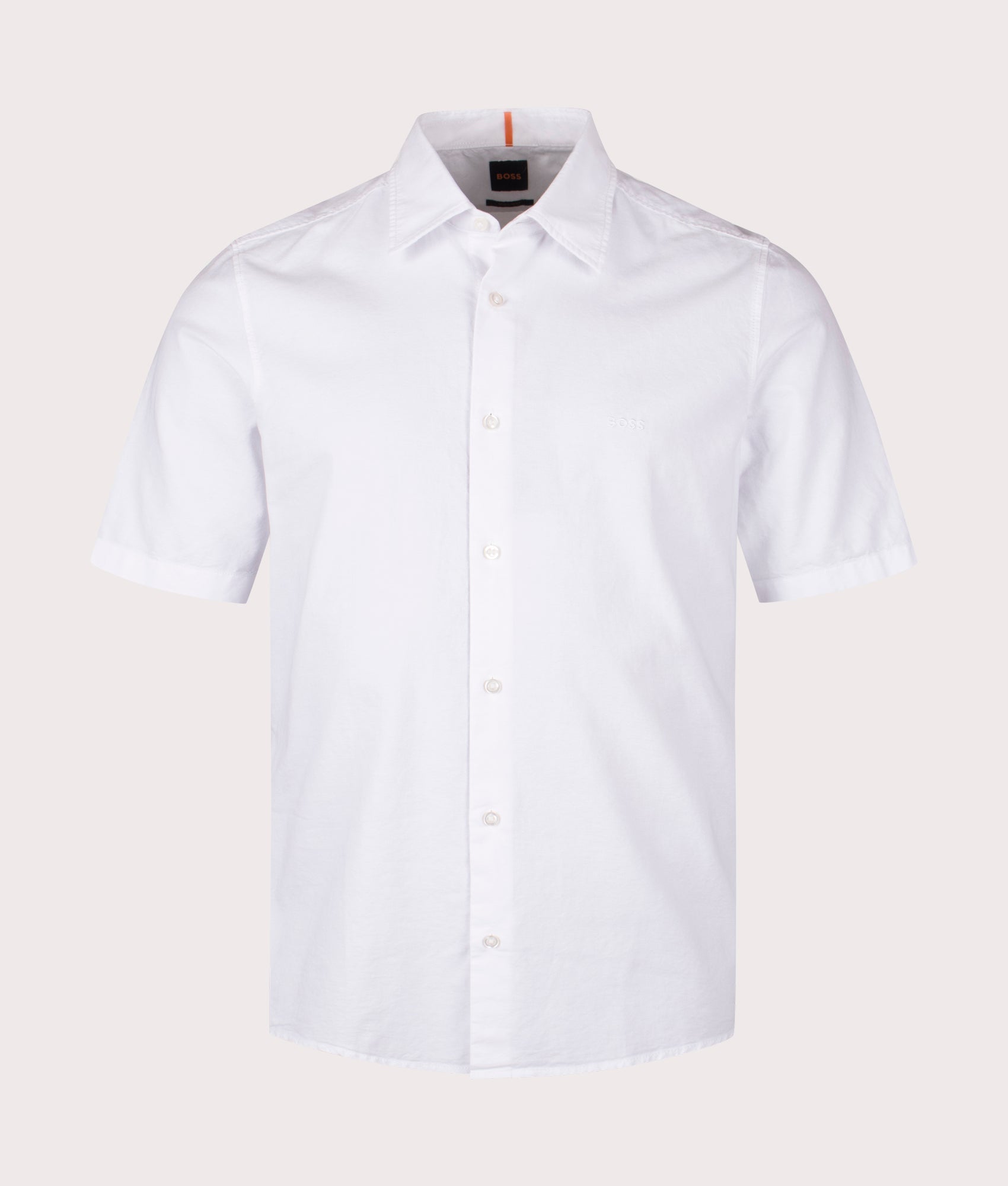 BOSS Rash Short Sleeve Shirt in White at EQVVS. Front Shot.