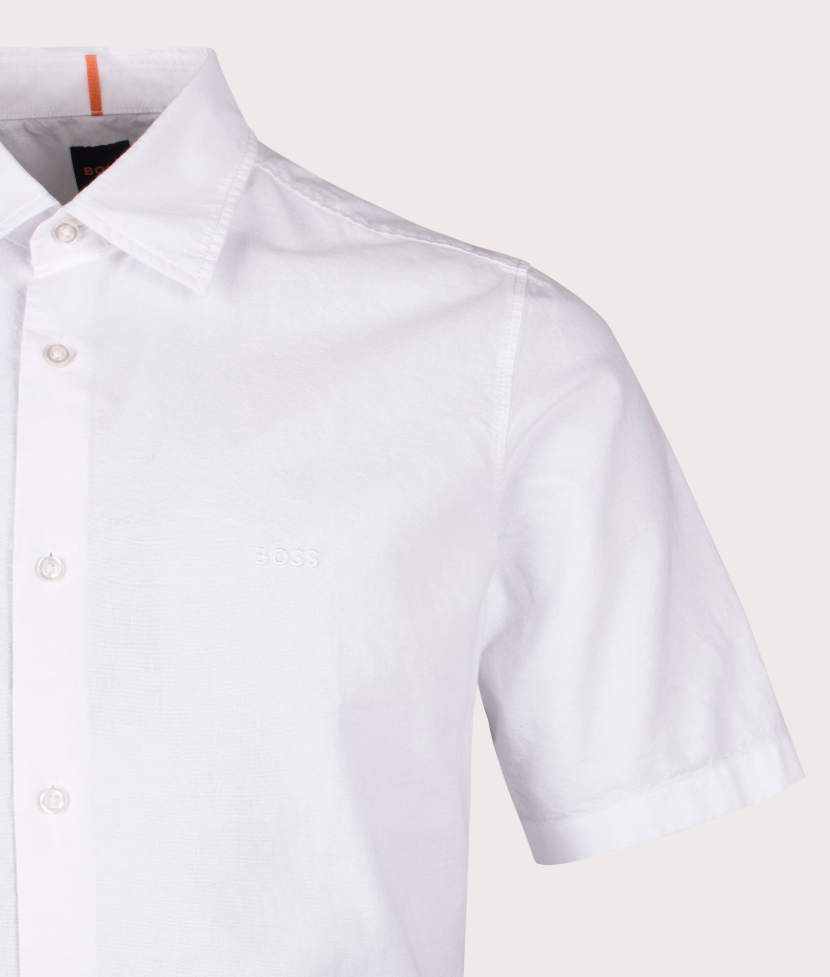 BOSS Rash Short Sleeve Shirt in White at EQVVS. Detail Shot.