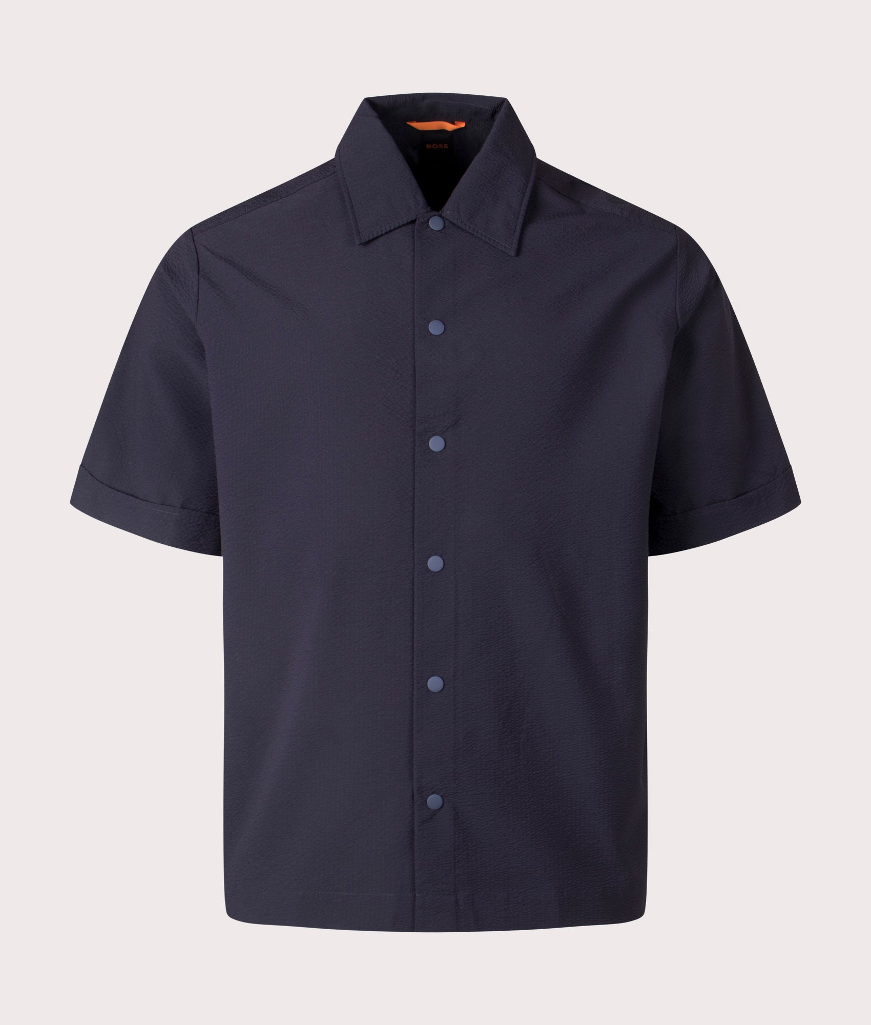 BOSS Relaxed Fit Lapoully Short Sleeve Shirt in Dark Blue at EQVVS. Front Shot.