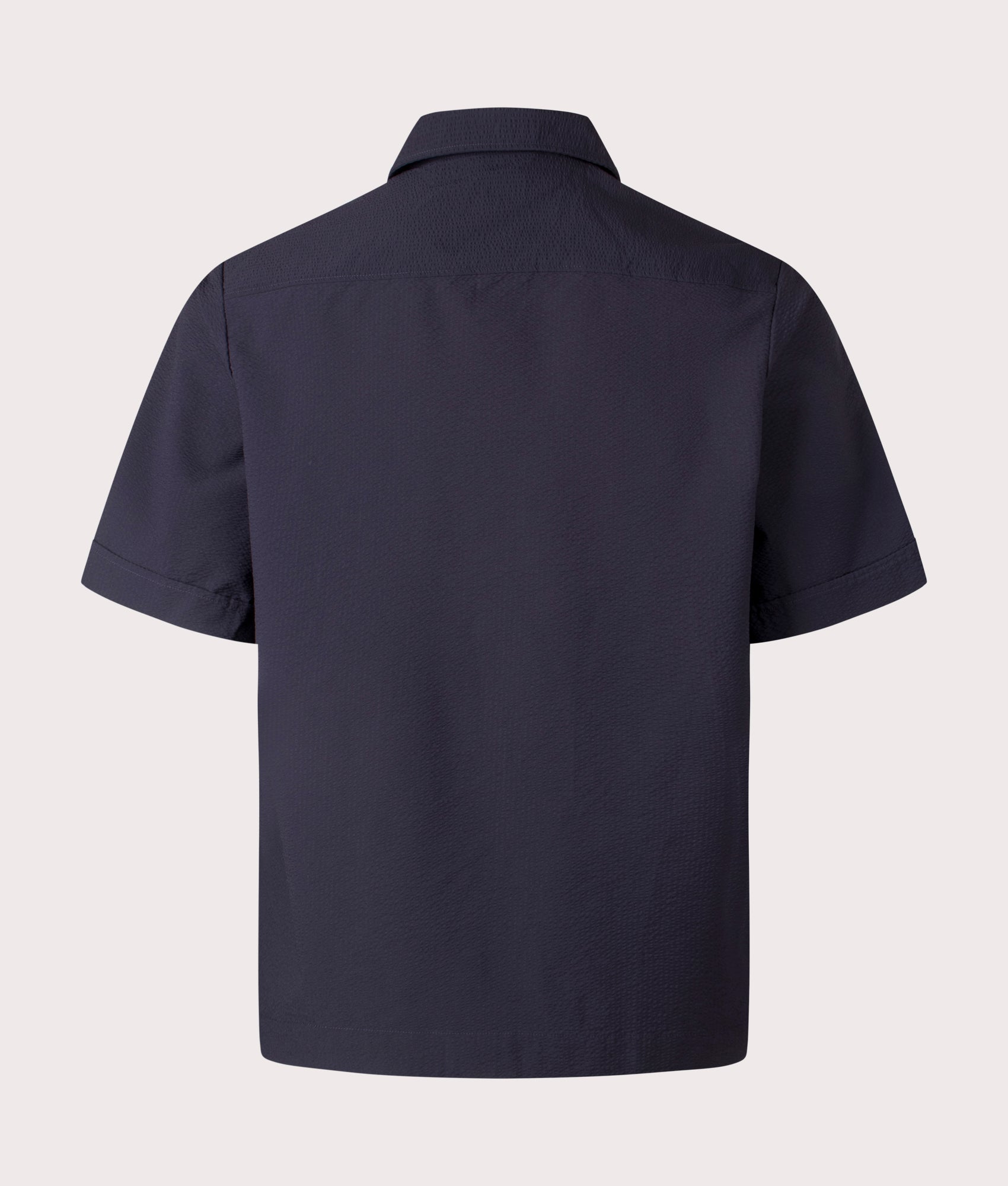 BOSS Relaxed Fit Lapoully Short Sleeve Shirt in Dark Blue at EQVVS. Back Shot.