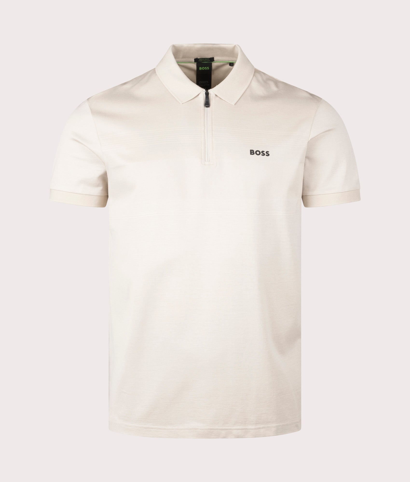 BOSS Philix Pima Polo Shirt in Open Beige. Shot at EQVVS. Front detail shot