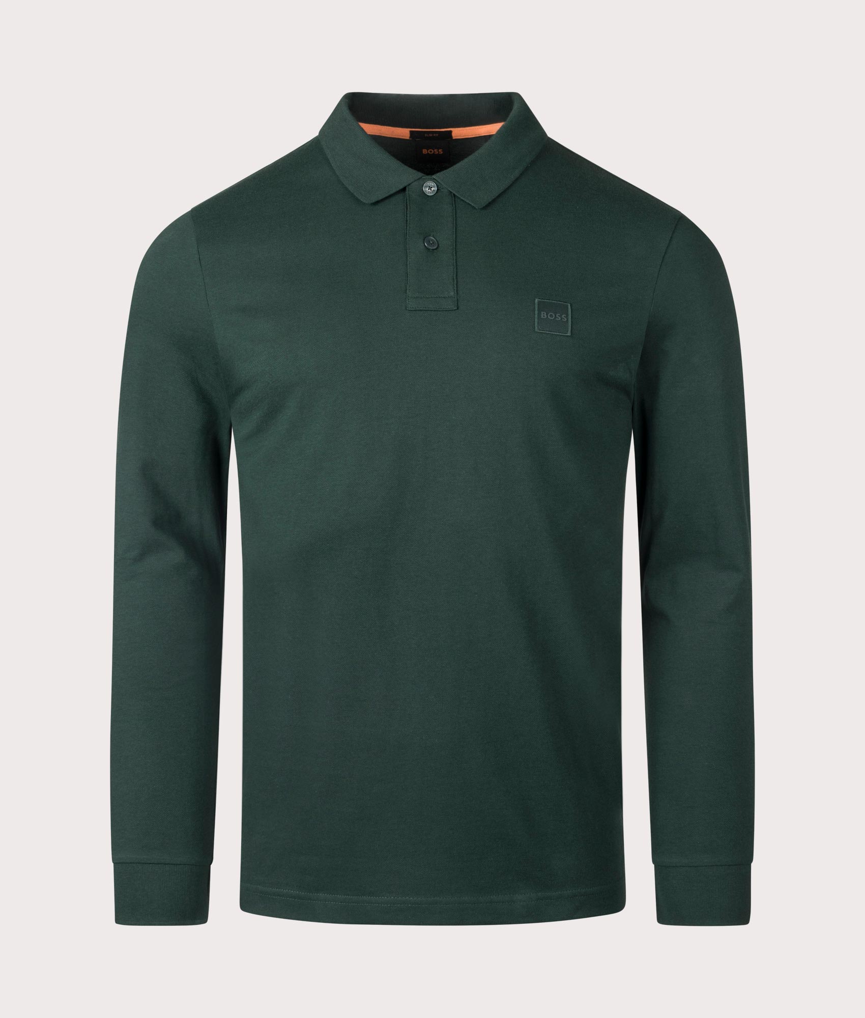 BOSS Slim Fit Passerby Long Sleeve Polo Shirt in Open Green. EQVVS Front Shot.