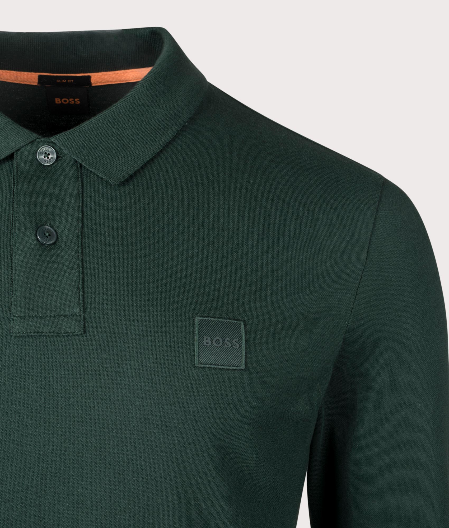 BOSS Slim Fit Passerby Long Sleeve Polo Shirt in Open Green. EQVVS Detail Shot.