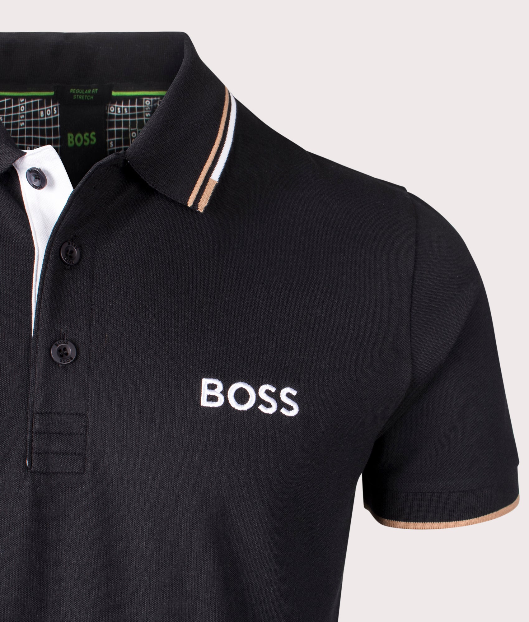 BOSS Paddy Pro Polo Shirt in Black. EQVVS Detail Shot.