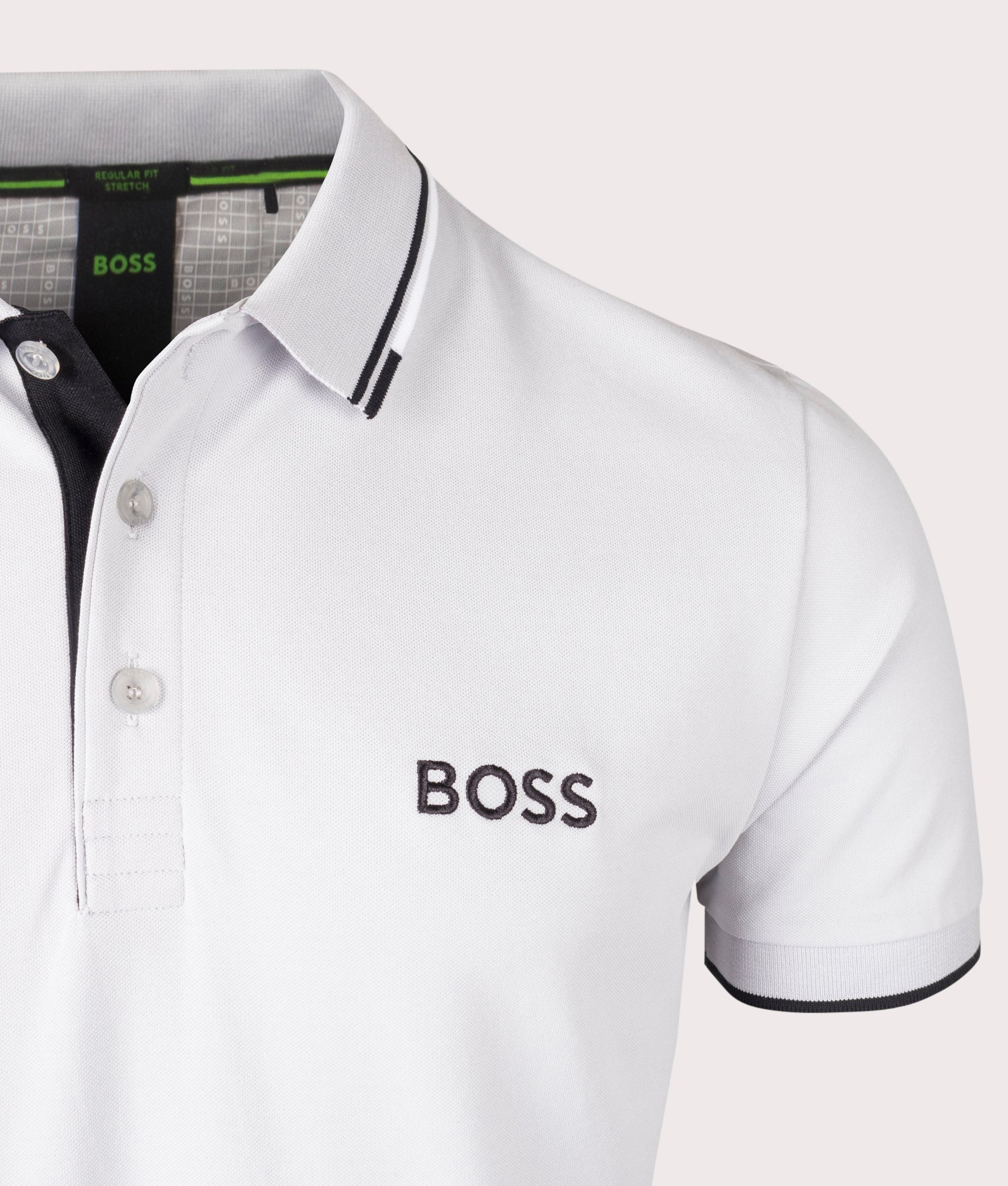BOSS Paddy Pro Polo Shirt in Light/Pastel Grey. EQVVS Detail Shot.