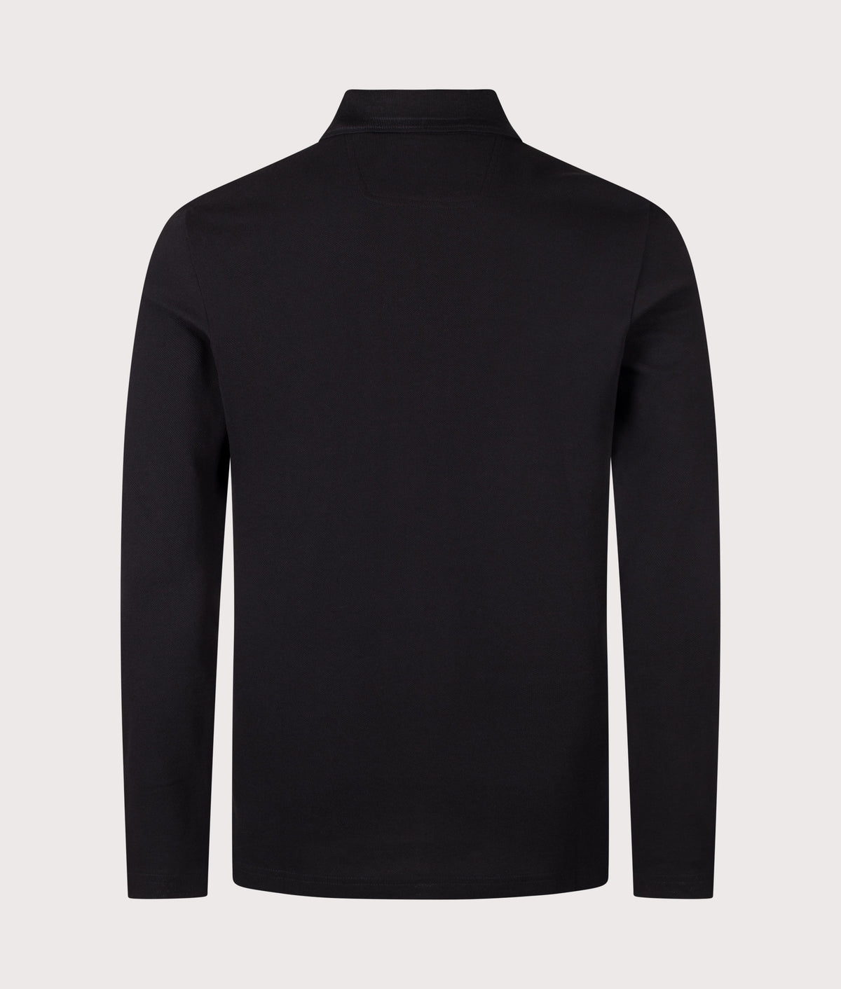 BOSS Regular Fit Plisy Long Sleeve Polo Shirt in Black at EQVVS Menswear. Back shot.